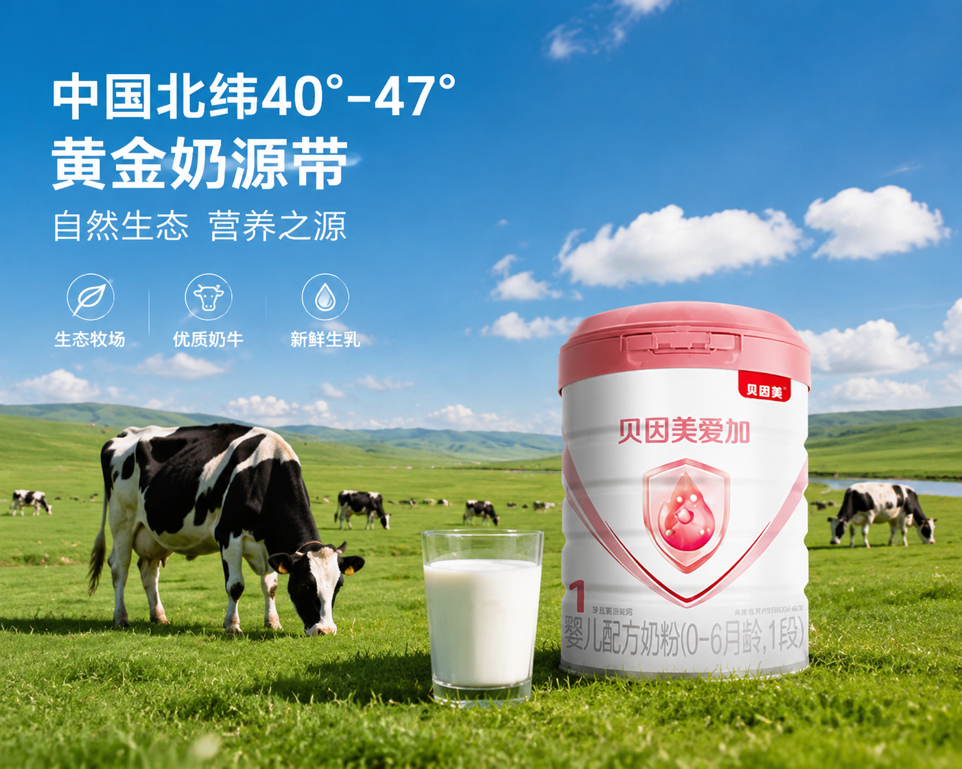 中国北纬40°-47°黄金奶源带,广阔的绿色草原,健康的奶牛在吃草,蓝天白云,一杯新鲜的生牛乳,自然生态摄影,阳光明媚。