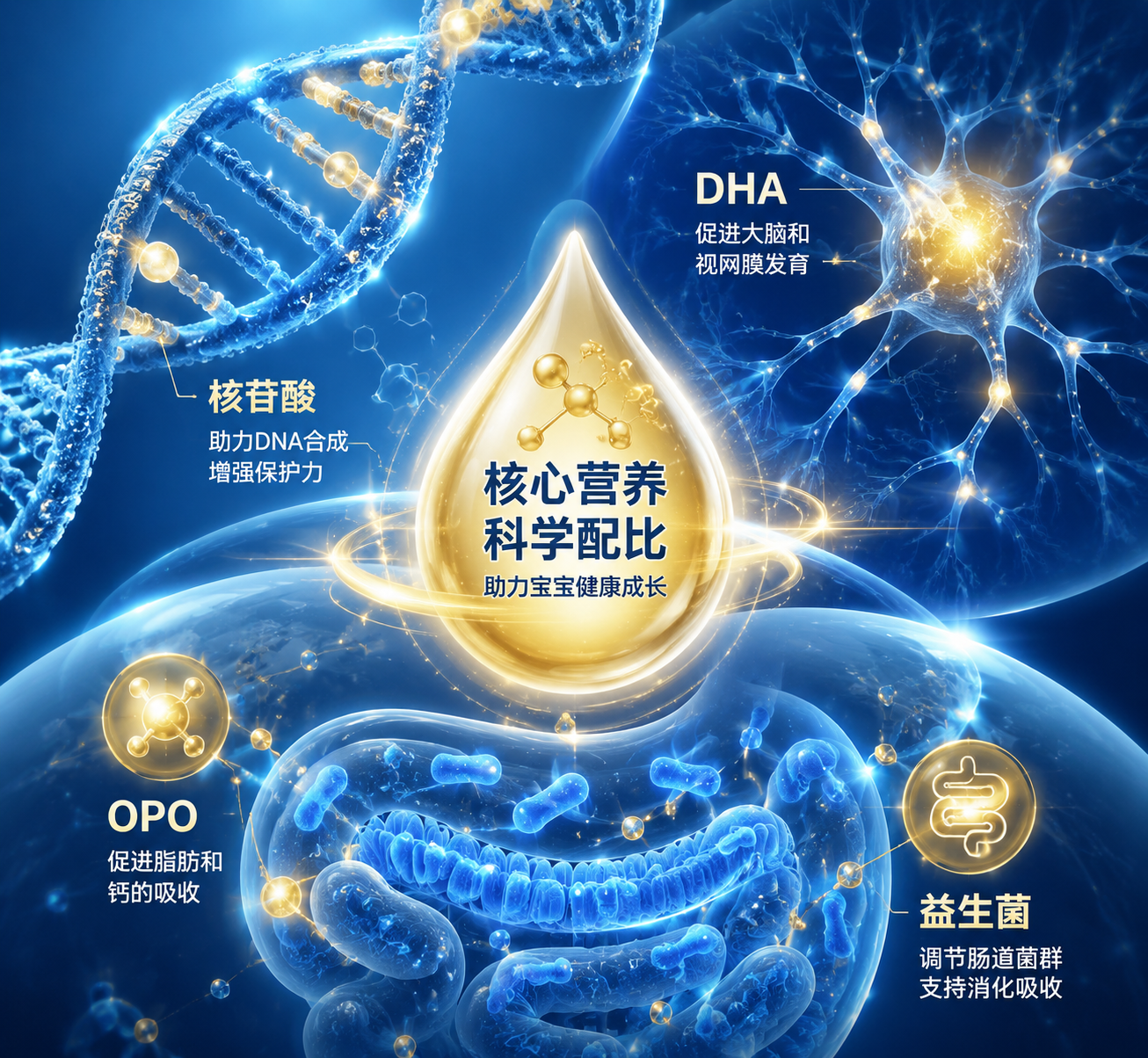 充满科技感与医学元素的微观图像,展示DNA双螺旋、神经元网络发光、以及肠道益生菌的抽象插画,代表奶粉中DHA、OPO和核苷酸等核心营养成分的作用,色彩以蓝色和金色为主。