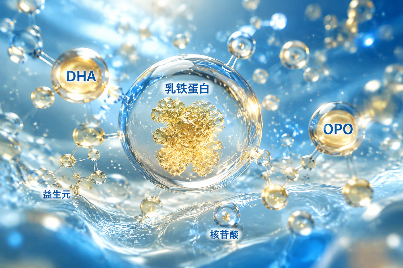 3D微观营养分子结构图，包含DHA、乳铁蛋白、OPO等发光分子，漂浮在清澈的奶液中，充满科技感和生命力，微距摄影风格，蓝金色调。
