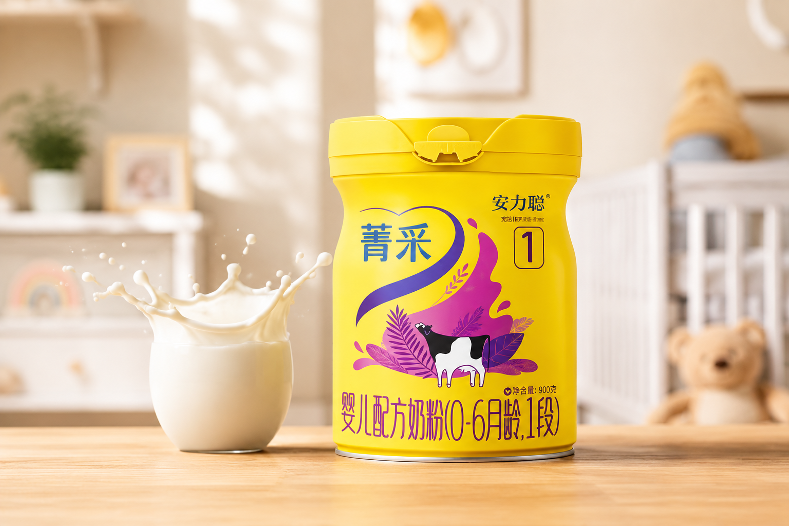 一罐完达山安力聪菁采1段奶粉的高清产品图,放置在木质桌面上,旁边有新鲜的牛奶倒出飞溅的瞬间,背景是柔和的婴儿房环境,光线明亮温馨,专业测评博主摄影风格,8k分辨率。