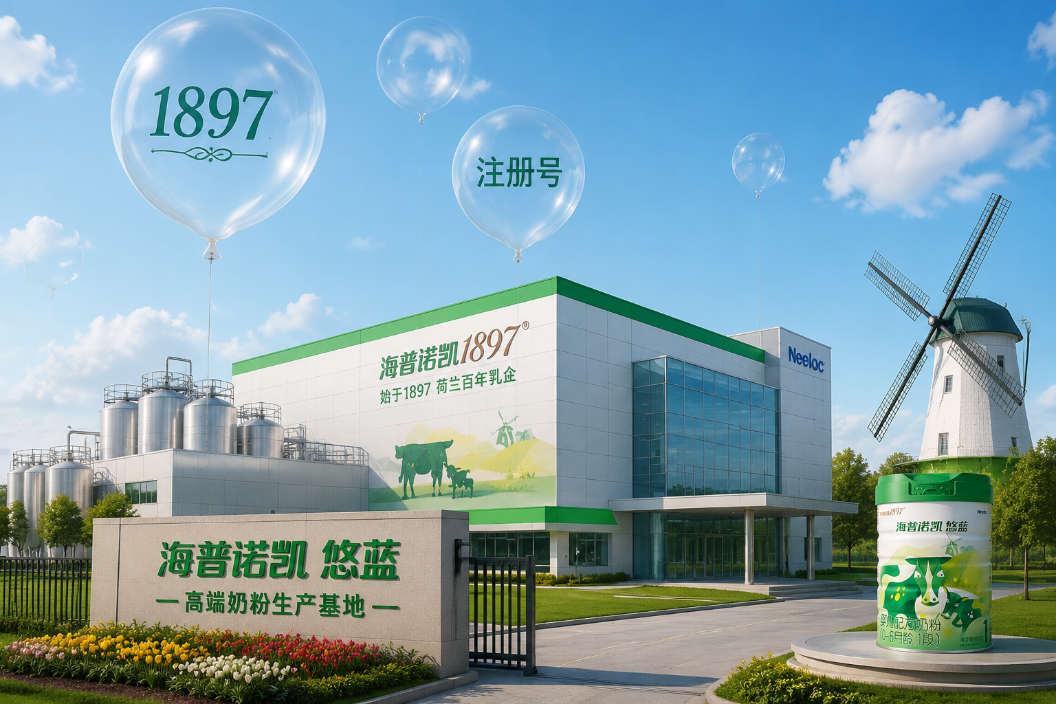 现代化的无菌奶粉生产工厂外景,带有荷兰风车元素,天空中飘着印有“1897”和“注册号”字样的透明气球,展现品牌的正规与历史传承。