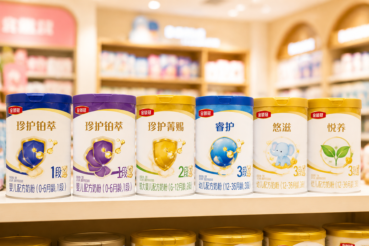 一排不同段數(shù)和系列的伊利金領(lǐng)冠奶粉罐整齊排列在貨架上，背景是模糊的母嬰店環(huán)境，燈光明亮溫馨，展示品牌豐富的產(chǎn)品線，景深效果。