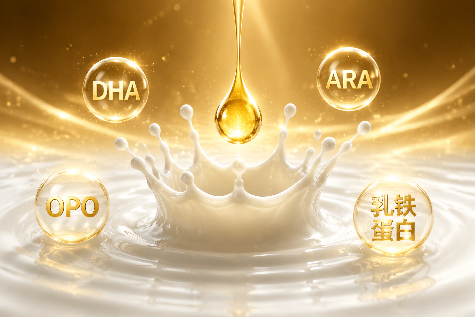 高端华丽的3D渲染图,一滴金色的乳清蛋白液滴落在平静的白色奶面上,激起完美的皇冠状涟漪,周围漂浮着发光的金色文字标签(DHA, ARA, OPO, 乳铁蛋白),体现出高端配方和珍稀营养成分的价值感。