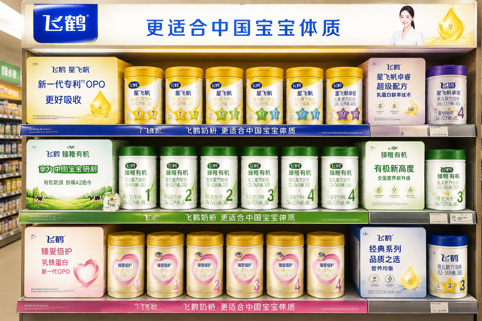 超市母婴专区的货架,上面整齐排列着不同段数和系列的飞鹤奶粉,包括星飞帆、臻稚有机等,画面明亮,展现丰富的家庭喂养选择。