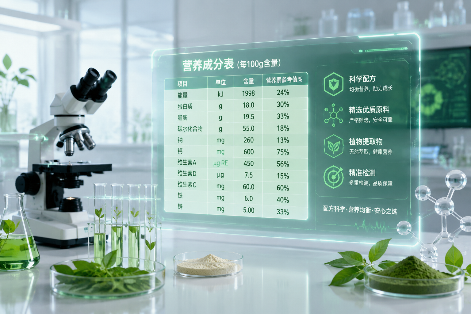 一张充满现代科技感的营养成分数据表格悬浮在空中,旁边有显微镜、试管和绿色的植物提取物,背景是干净的实验室环境,强调数据的精准和配方的科学性。