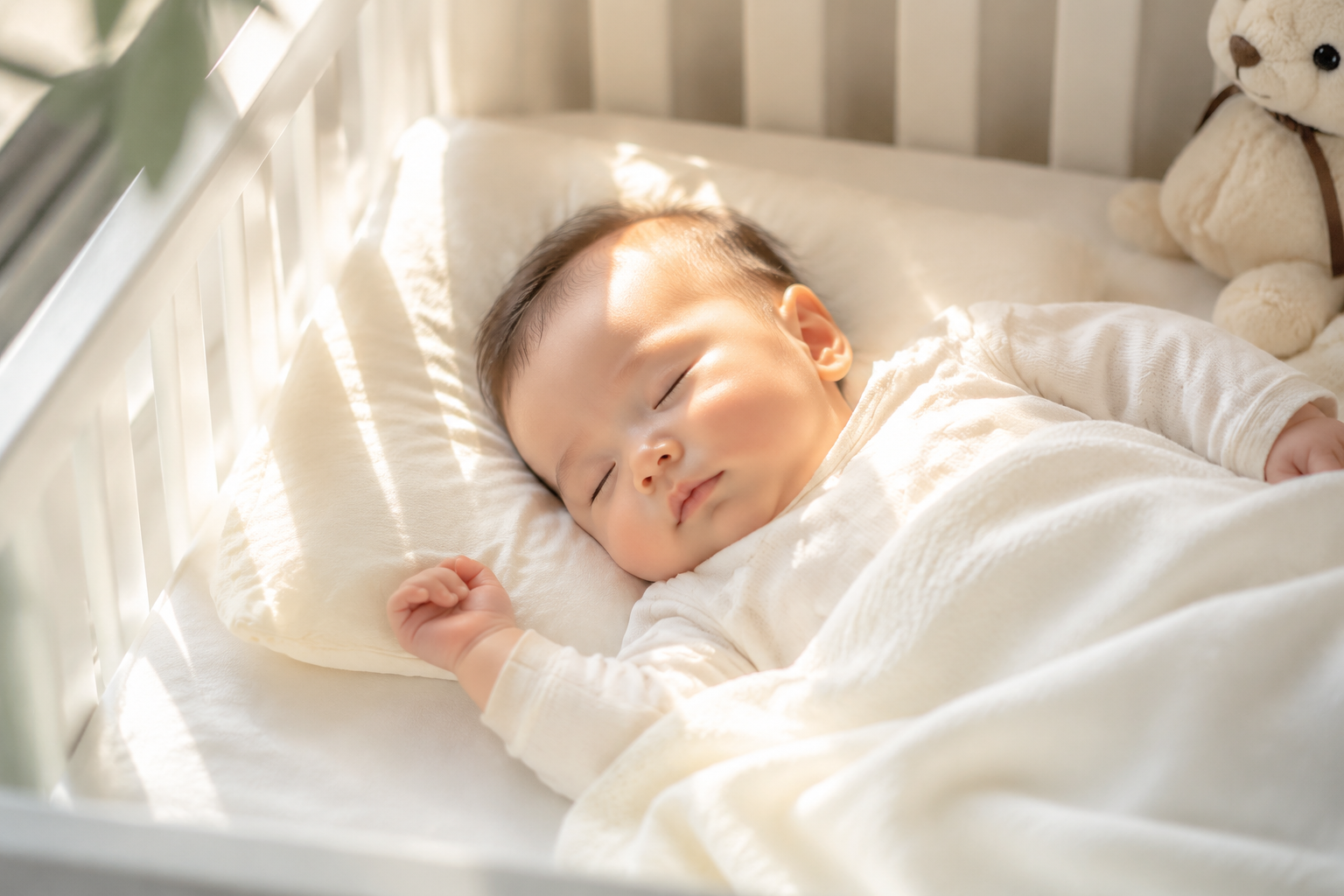 一个0-6个月大、健康可爱的婴儿在柔软的白色婴儿床上安详熟睡,阳光透过窗户洒在宝宝脸上,画面温馨、宁静,传达出安全、健康和母爱的感觉,高品质摄影。