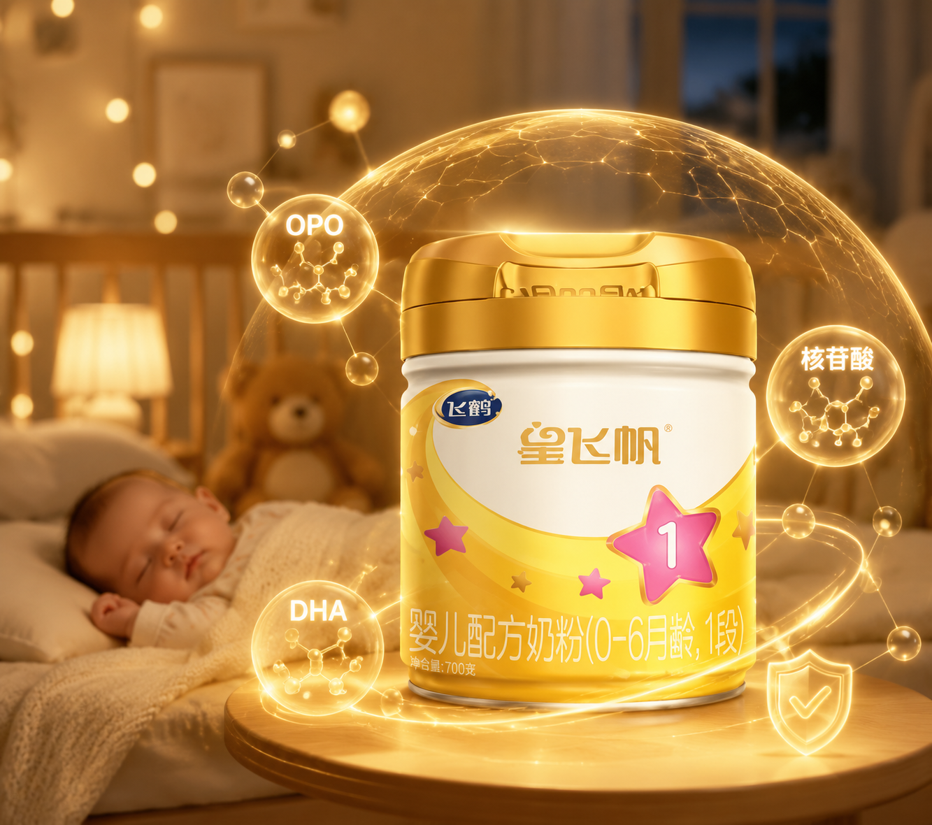 充满科技感的发光分子结构图(代表OPO、DHA、核苷酸等营养),环绕在奶粉罐周围,背景是温馨的婴儿房,熟睡的婴儿,暖色调,3D渲染,保护力概念。
