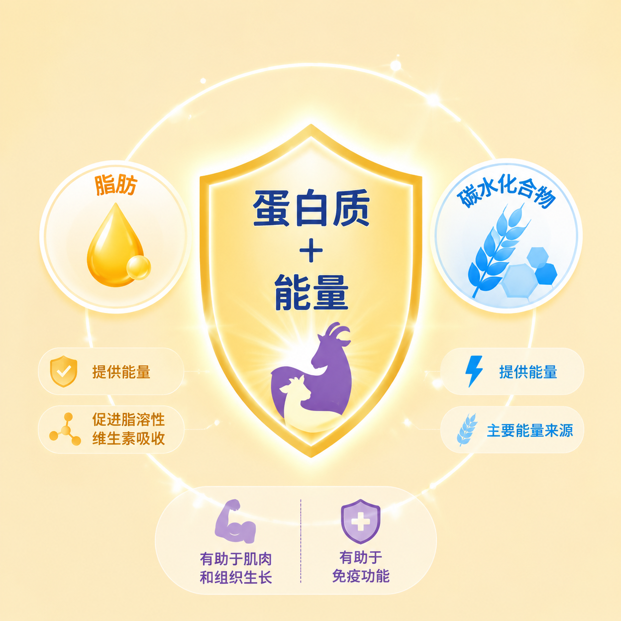 营养成分表概念图,一个发光的盾牌代表蛋白质和能量,周围环绕着代表脂肪和碳水化合物的图标,明亮的色调,扁平化设计风格。