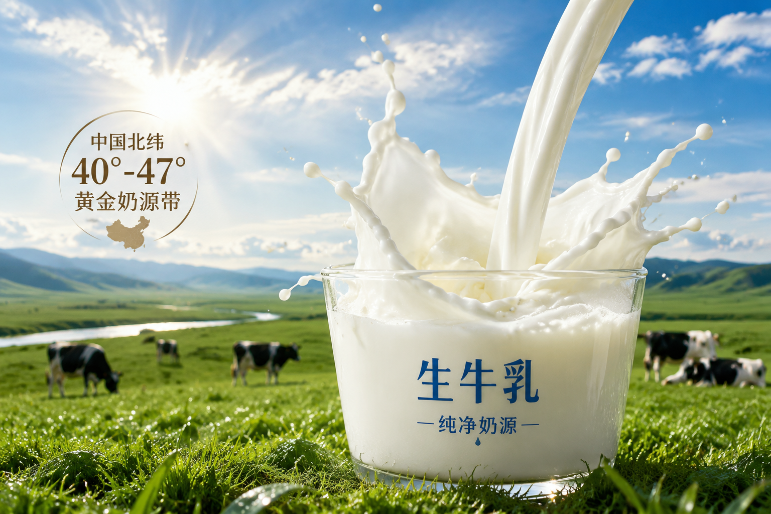 一杯纯净的鲜牛奶飞溅而出,背景是中国北纬40°-47°黄金奶源带的壮丽草原风光,阳光透过云层洒在绿草上,画面清新自然,强调“生牛乳”原料和纯净奶源,高清晰度,微距摄影质感。