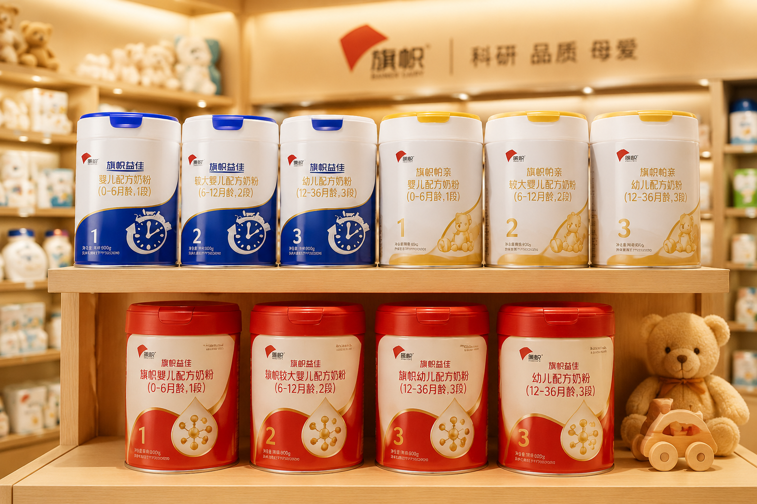 几罐不同包装和段数的旗帜品牌奶粉(包括益佳、帜亲、红罐系列)整齐地陈列在原木色的货架上,背景是温馨的母婴店环境,柔和的暖色调灯光,景深效果,突出品牌家族的丰富产品线,商业摄影。