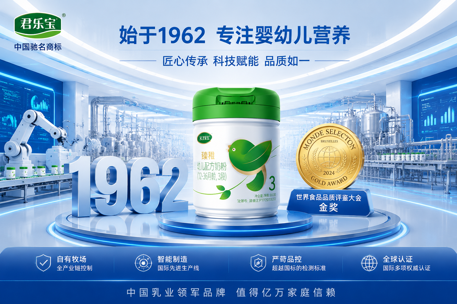 现代化大型乳业工厂的内部概念图,结合历史年份“1962”的立体字样,画面展现出科技感与安全感,背景有金牌元素代表“世界食品品质评鉴大会金奖”,整体色调为科技蓝与纯净白,展现大国品牌的雄厚实力。
