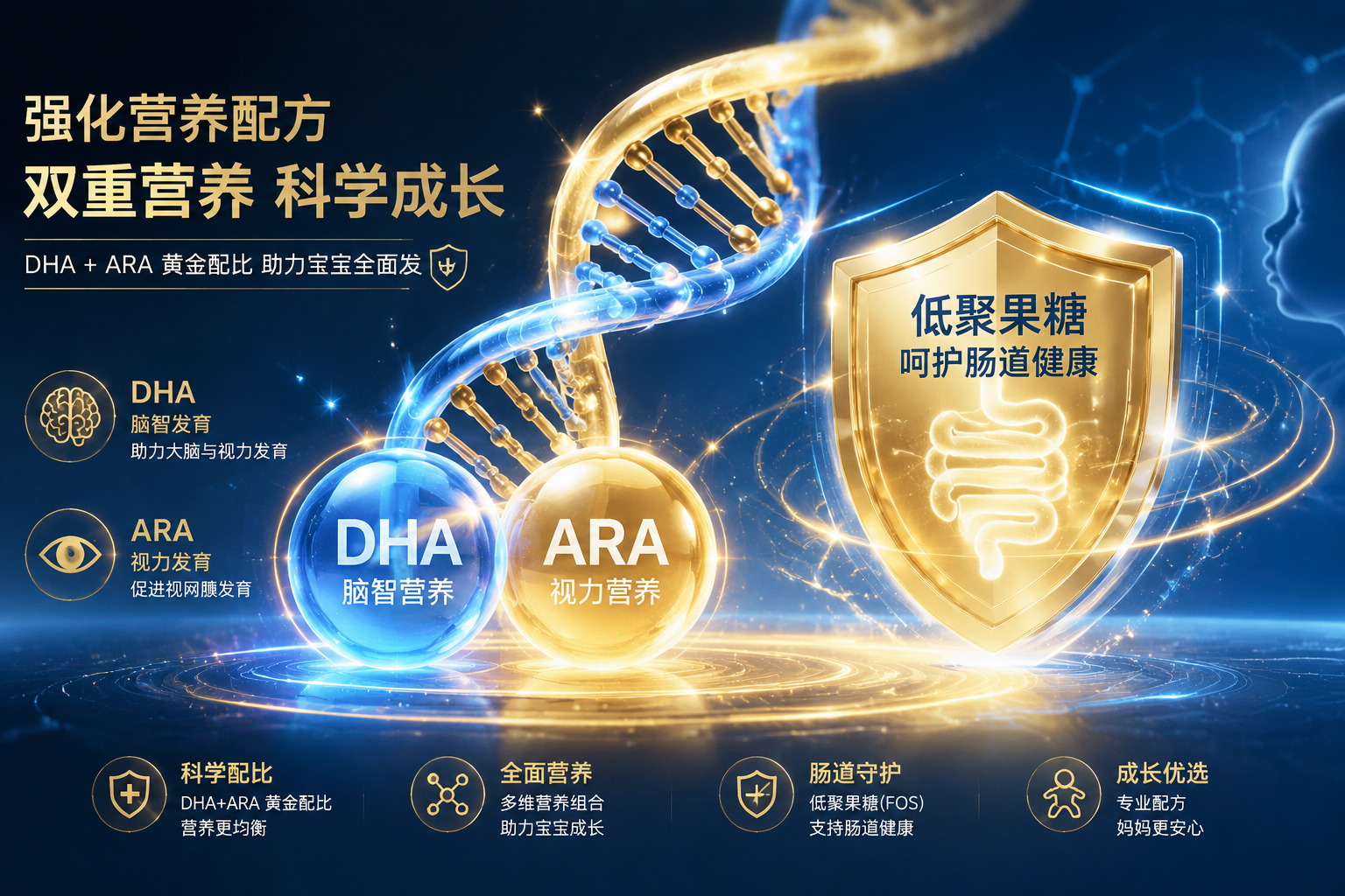 强化营养配方的高级科技感示意图,画面展示DHA和ARA的双螺旋交织结构,以及代表肠道健康的盾牌图标(低聚果糖),色彩以高级金和科技蓝为主,体现高端配方奶粉的独特优势。