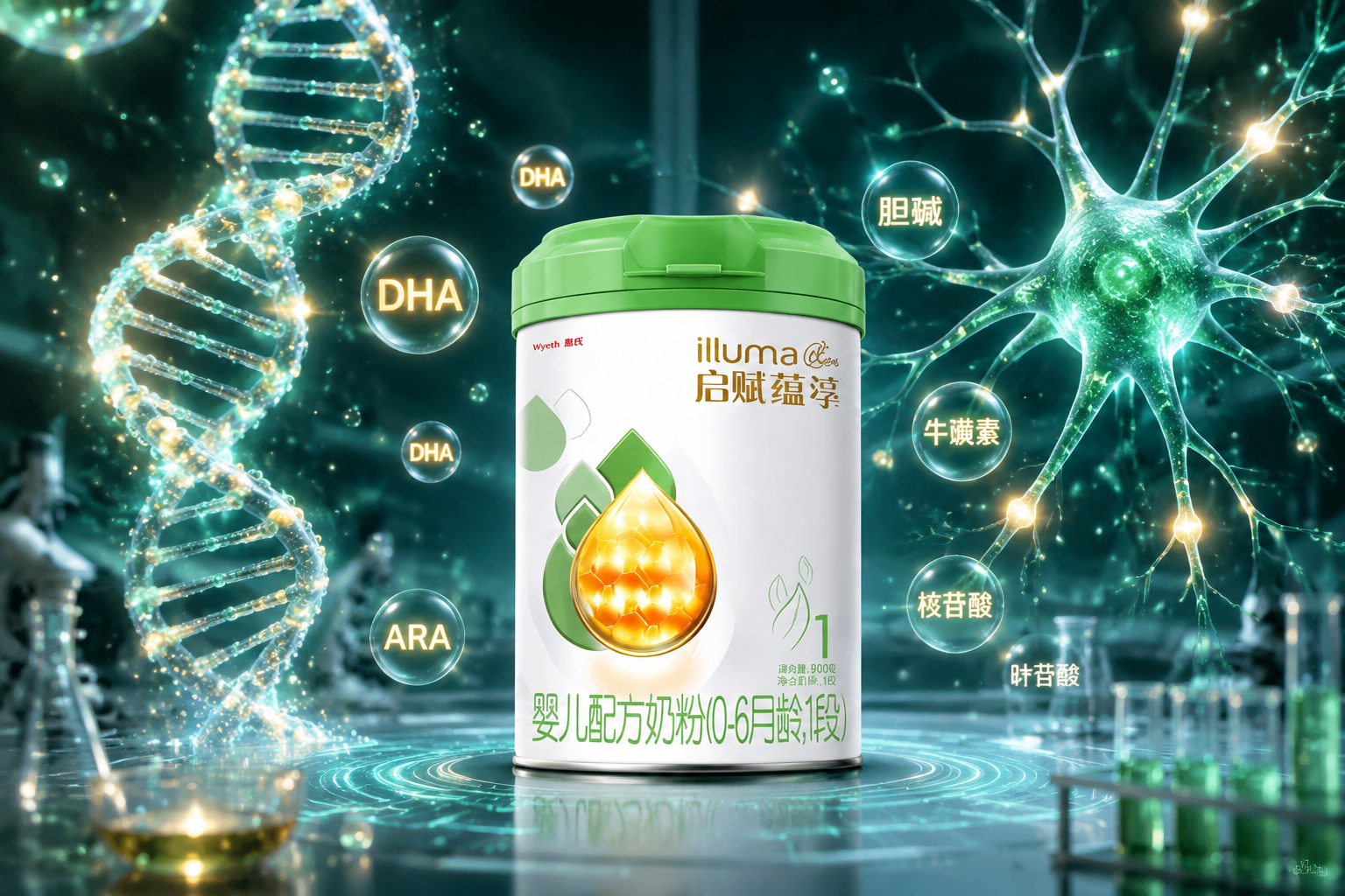 科学实验室风格,发光的DNA螺旋和大脑神经元结构,周围环绕着代表DHA和营养成分的微小发光粒子,科技感与生命力结合。