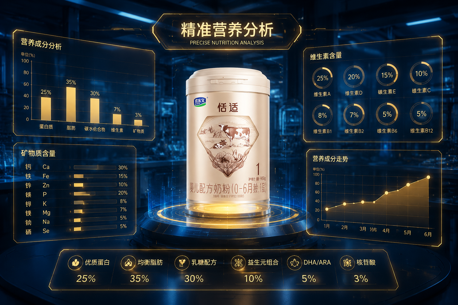充满未来感的全息数据图表,展示柱状图和各种营养成分的百分比,背景是深蓝色的高科技实验室环境,金色的线条勾勒出数据走势,代表精准的营养成分分析。