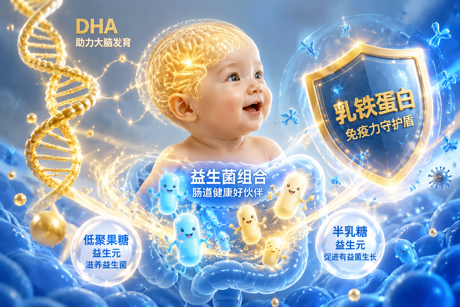 3D医疗级科学插画,展示宝宝大脑发育、肠道益生菌和免疫力盾牌的抽象概念。画面包含代表DHA的金色双螺旋、代表益生菌的可爱发光小胶囊(低聚果糖/半乳糖),以及代表乳铁蛋白的坚固能量盾牌,色彩以温暖的金色和蓝色为主,科技感与生命力交融。