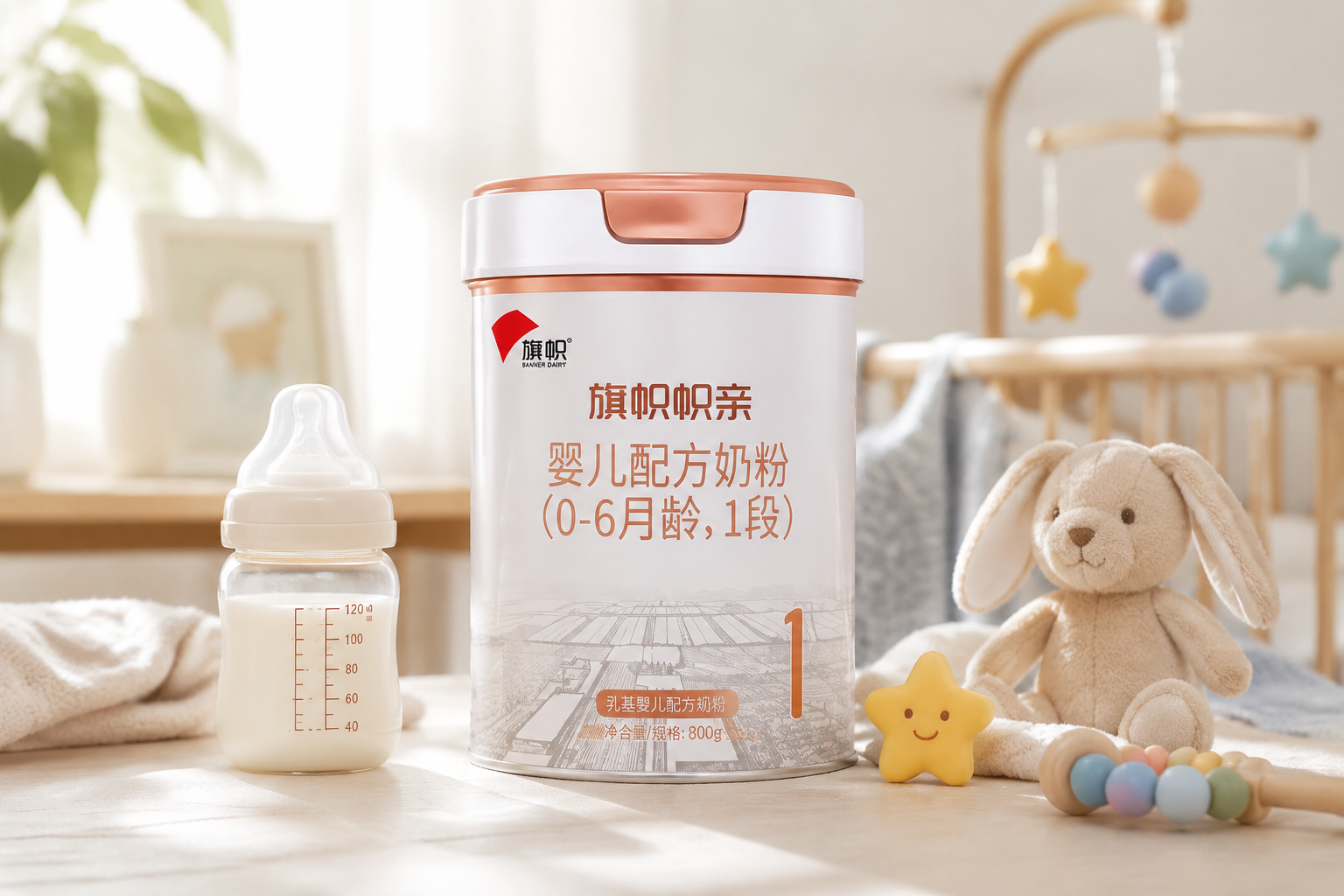 奶粉测评博主风格,一罐清晰的旗帜帜亲婴儿配方奶粉放置在温馨的母婴环境中,旁边有可爱的婴儿玩具和奶瓶,柔和的自然光,高分辨率,专业产品摄影。