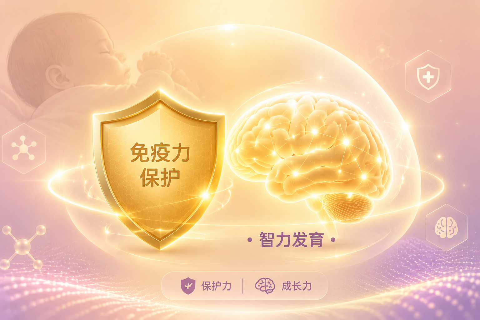 一个金色的盾牌和一个发光的大脑图标并排,被一层柔和的光环包围,背景是婴儿安睡的剪影,象征着免疫力保护和智力发育,母婴科技风格,暖色调。