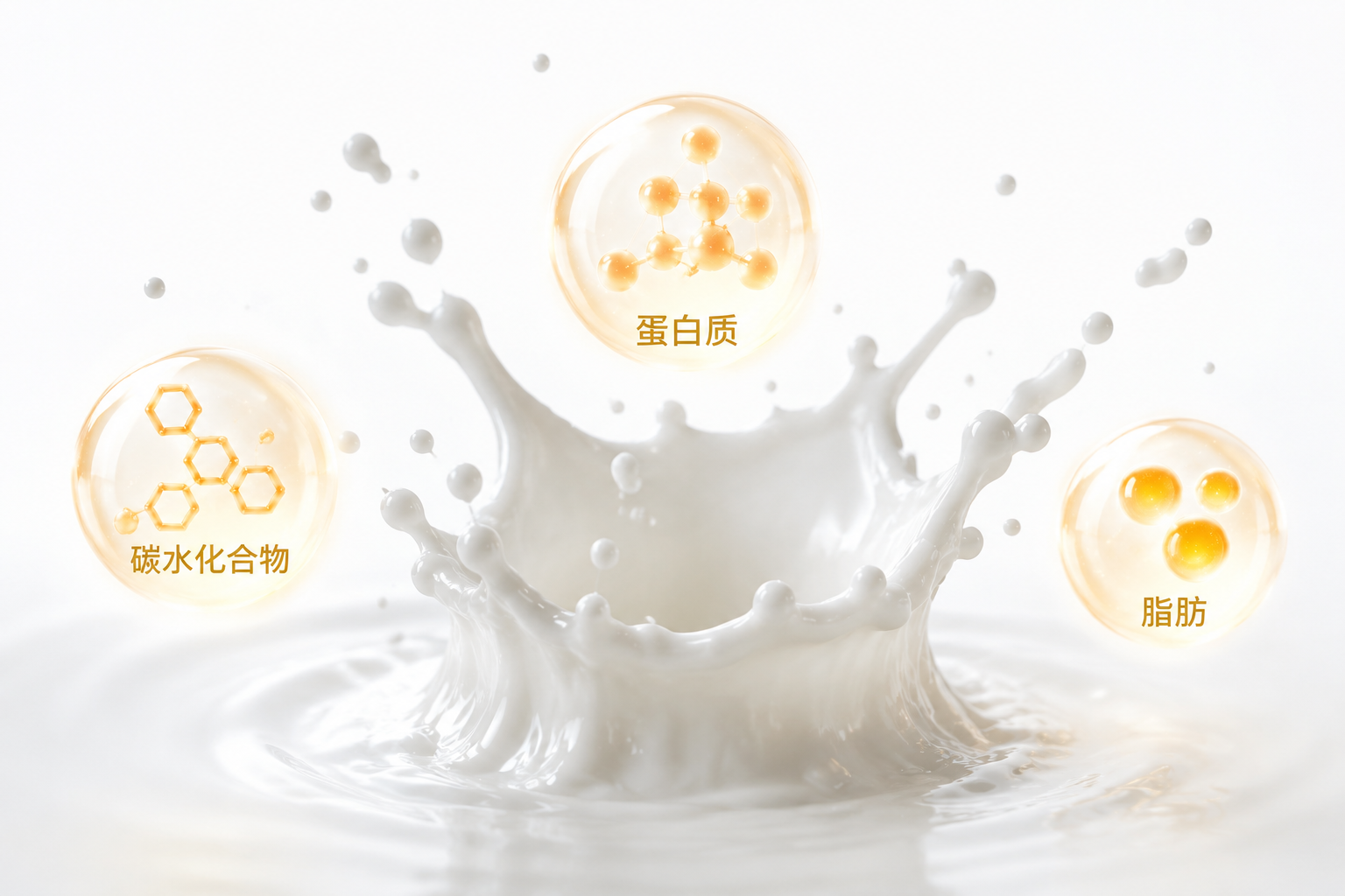 微距摄影,纯白的牛奶在半空中溅起水花,周围悬浮着代表蛋白质、碳水化合物和脂肪的抽象发光图标,背景干净纯白,高速摄影捕捉,极简高级感。