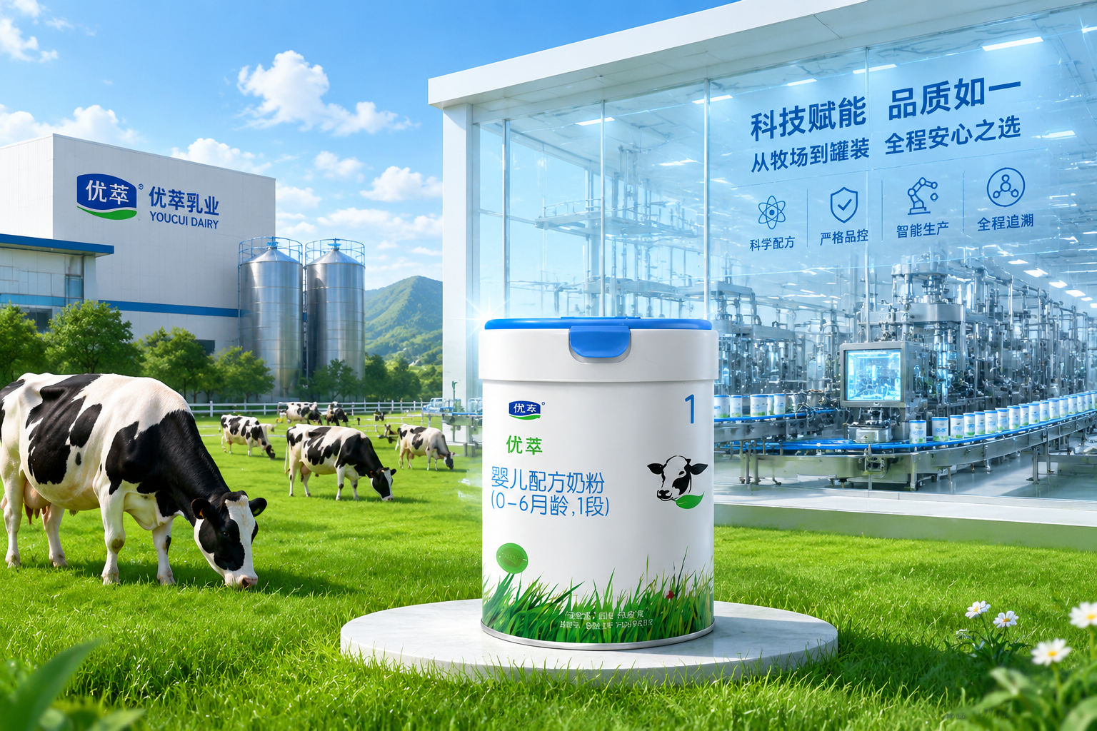现代化的奶牛养殖牧场和先进的乳制品生产工厂的融合画面,蓝天白云,绿草如茵,黑白相间的奶牛在吃草,背景是充满科技感的无菌生产线,展现品牌实力,明亮通透。