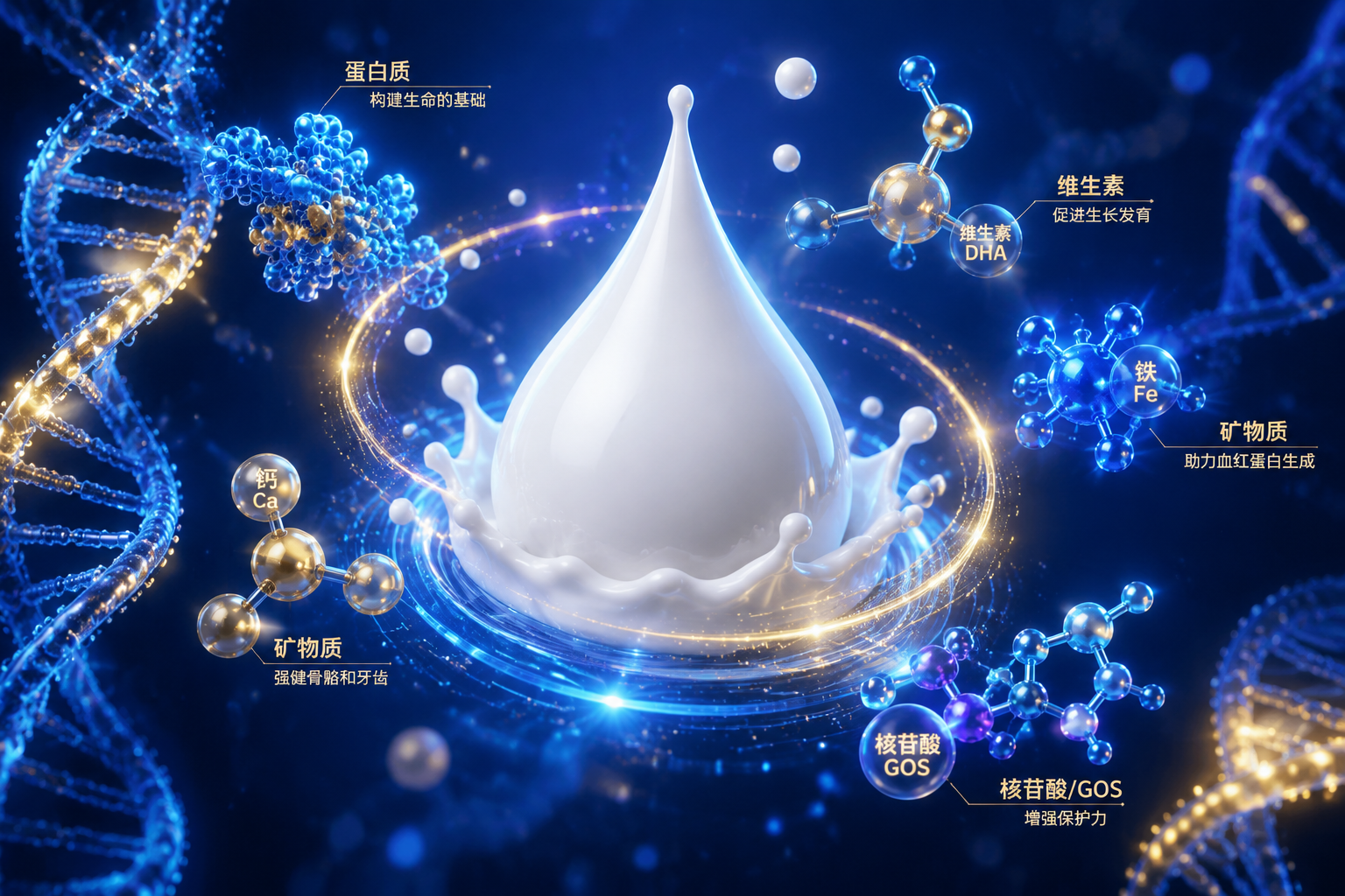 充满科技感的微观世界,发光的DNA螺旋结构、代表蛋白质、维生素和矿物质的彩色分子模型在一个悬浮的纯白牛奶水滴周围环绕,深蓝色背景,金色和蓝色的光效,3D渲染,科学图解风格。