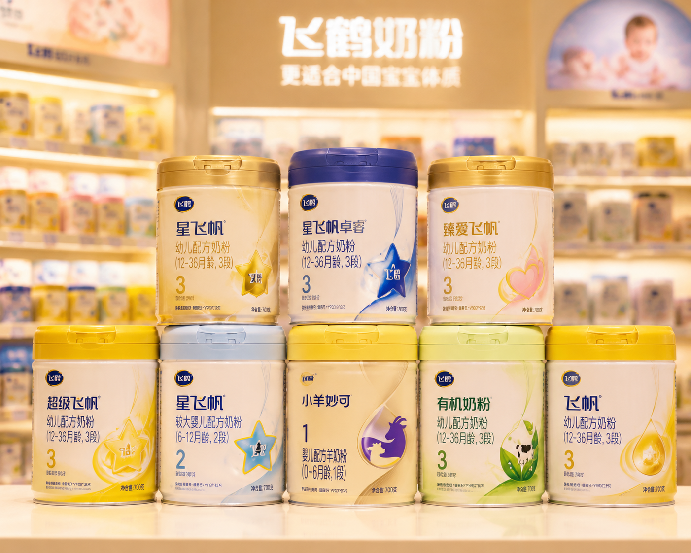 飞鹤品牌旗下多款奶粉罐整齐排列的家族合影,背景是温馨的母婴店货架,灯光柔和,展示品牌丰富的产品线,商业摄影风格。