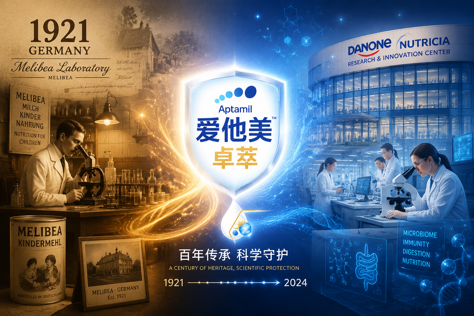 一张展现历史底蕴与现代科技结合的画面。左侧是1921年复古风格的德国美乐宝实验室剪影,右侧过渡到现代先进的达能纽迪希亚科研中心,画面中央有一个发光的盾牌图标代表品牌保护力,整体色调为科技蓝与温暖的金色交织。