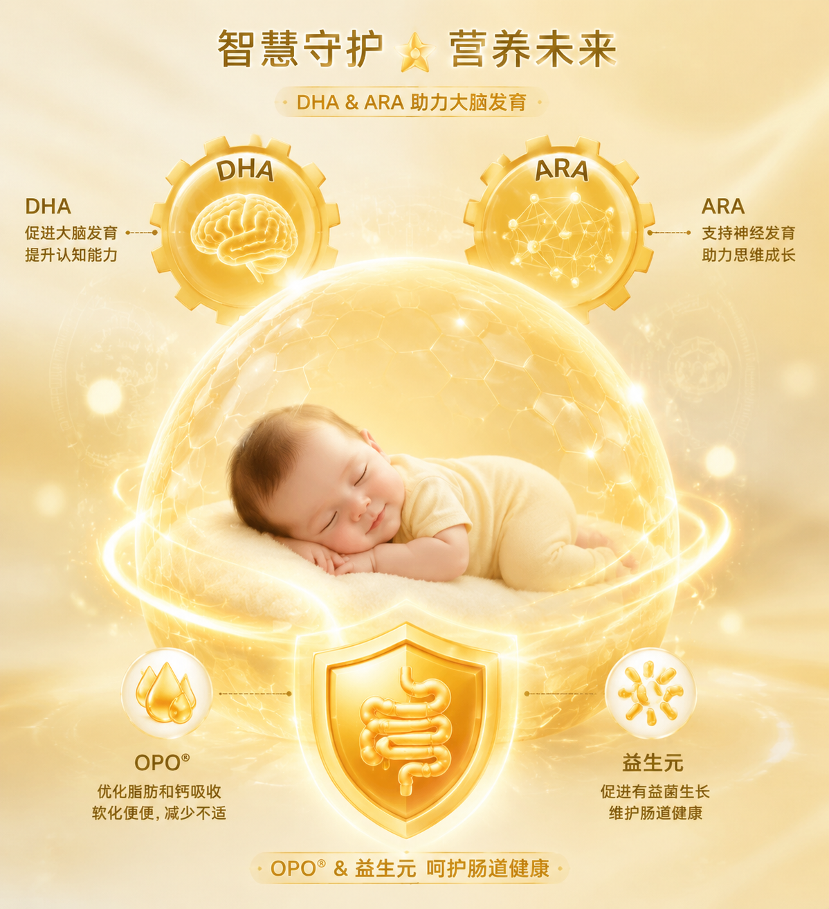 婴儿大脑和肠道保护的概念插画,一个熟睡的婴儿被金色的能量罩保护着,上方有代表DHA和ARA的智慧齿轮,下方有代表OPO和益生元的肠道盾牌,温馨且具有科技含量。