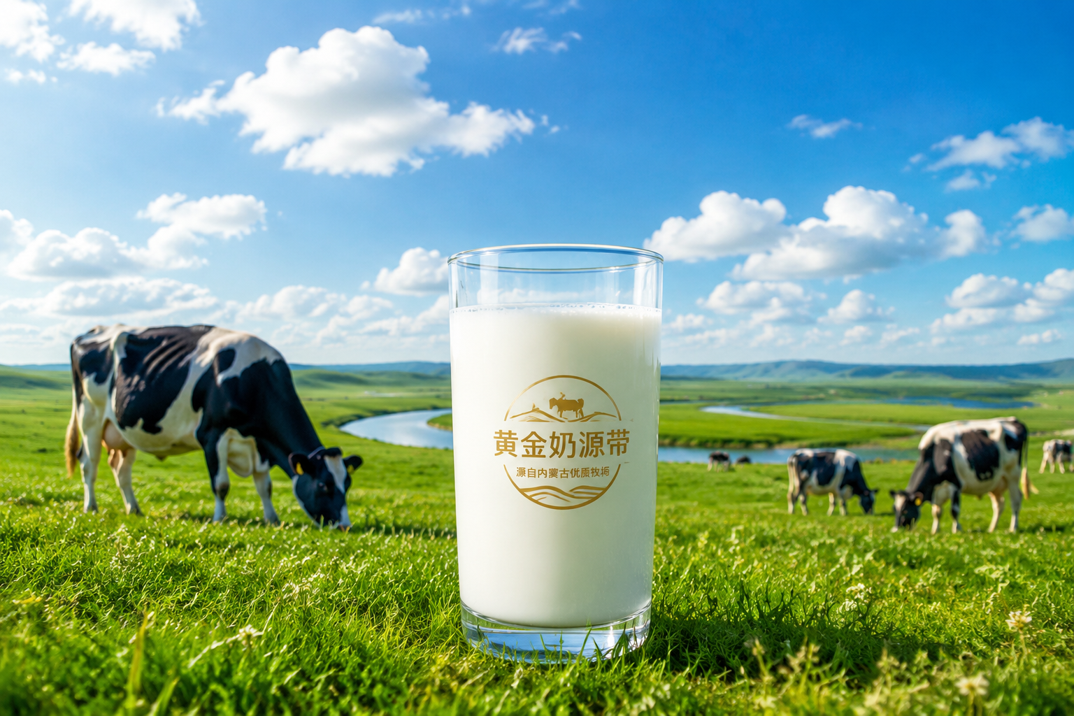 广阔美丽的内蒙古绿色大草原,蓝天白云,阳光明媚,健康的奶牛在吃草,画面中央有一杯纯净的新鲜牛奶,象征黄金奶源带,自然风光,摄影级别。