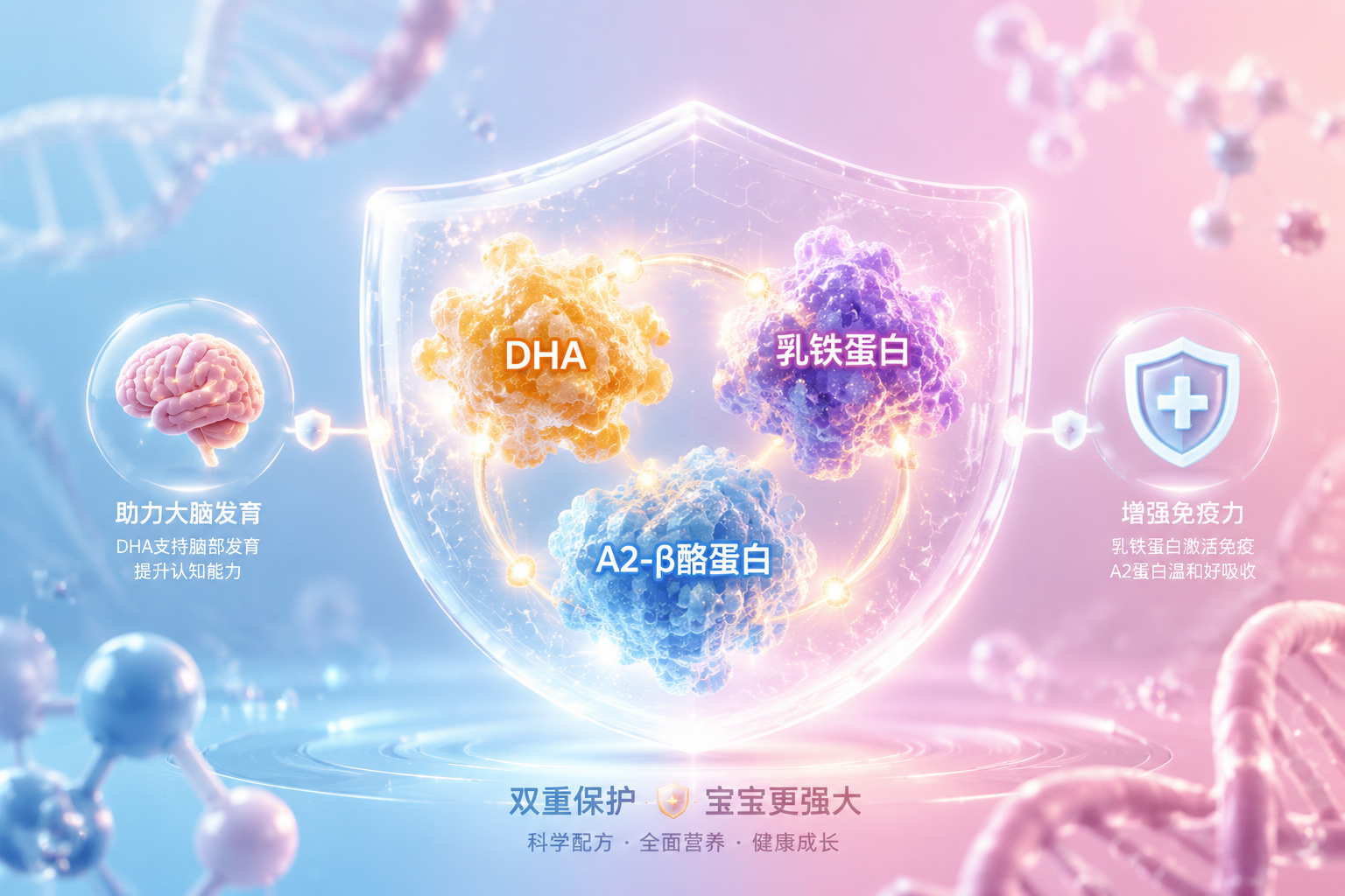 微观视角的3D科学插画,展示发光的DHA分子、乳铁蛋白和A2-β酪蛋白分子在一个透明的能量护盾中结合,象征着对婴儿大脑发育和免疫力的双重保护,背景为柔和的蓝色和粉色渐变,科技感与温馨感结合。