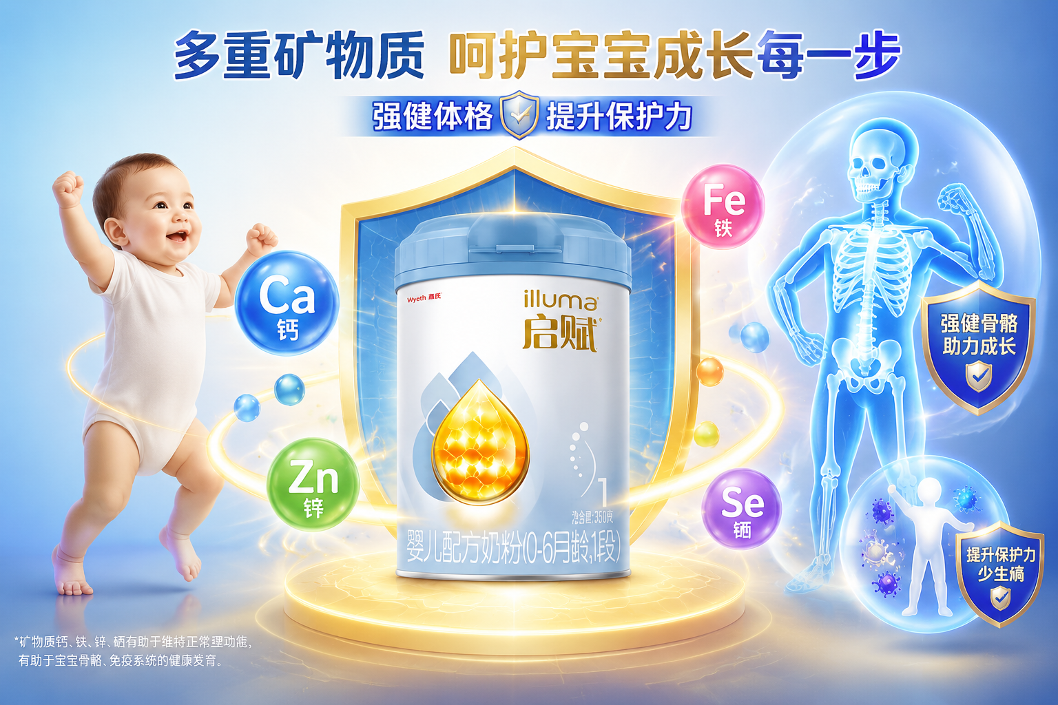 坚固的盾牌和骨骼透视图标,周围环绕着钙、铁、锌等矿物质的化学符号,色彩丰富,展现矿物质对宝宝体格和免疫力的保护作用。