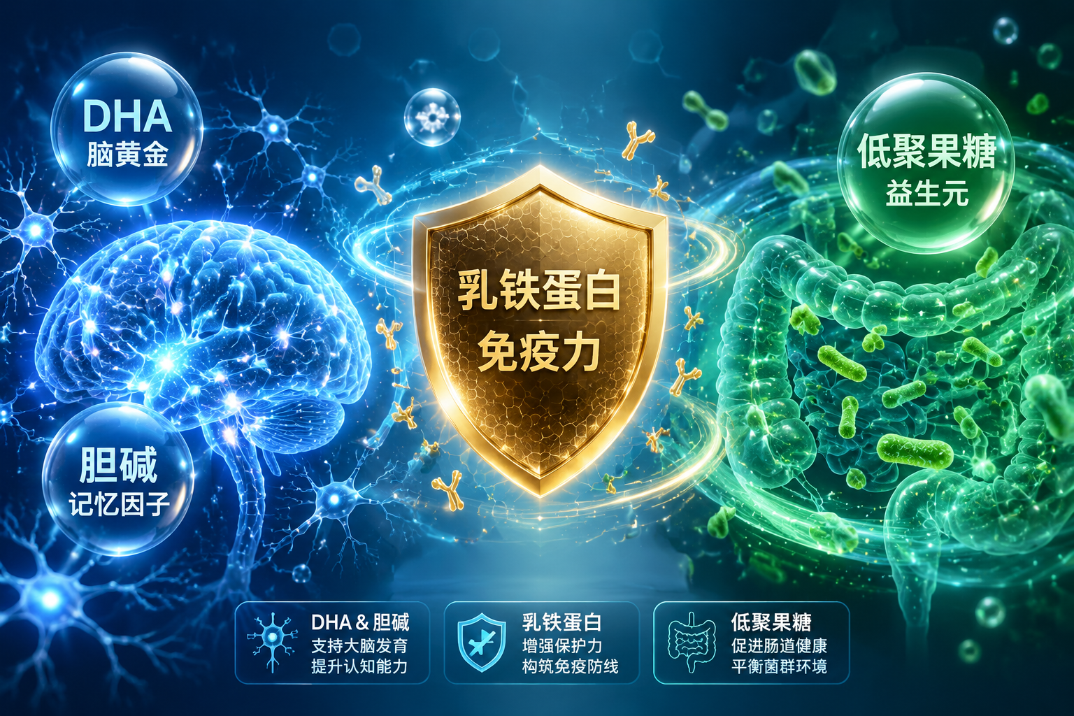 3D渲染的微观营养元素图,包含发光的大脑神经元网络(代表DHA和胆碱)、金色的盾牌(代表乳铁蛋白和免疫力)、以及绿色的肠道益生菌群(代表低聚果糖),充满科技感与医疗健康感,蓝绿色调。