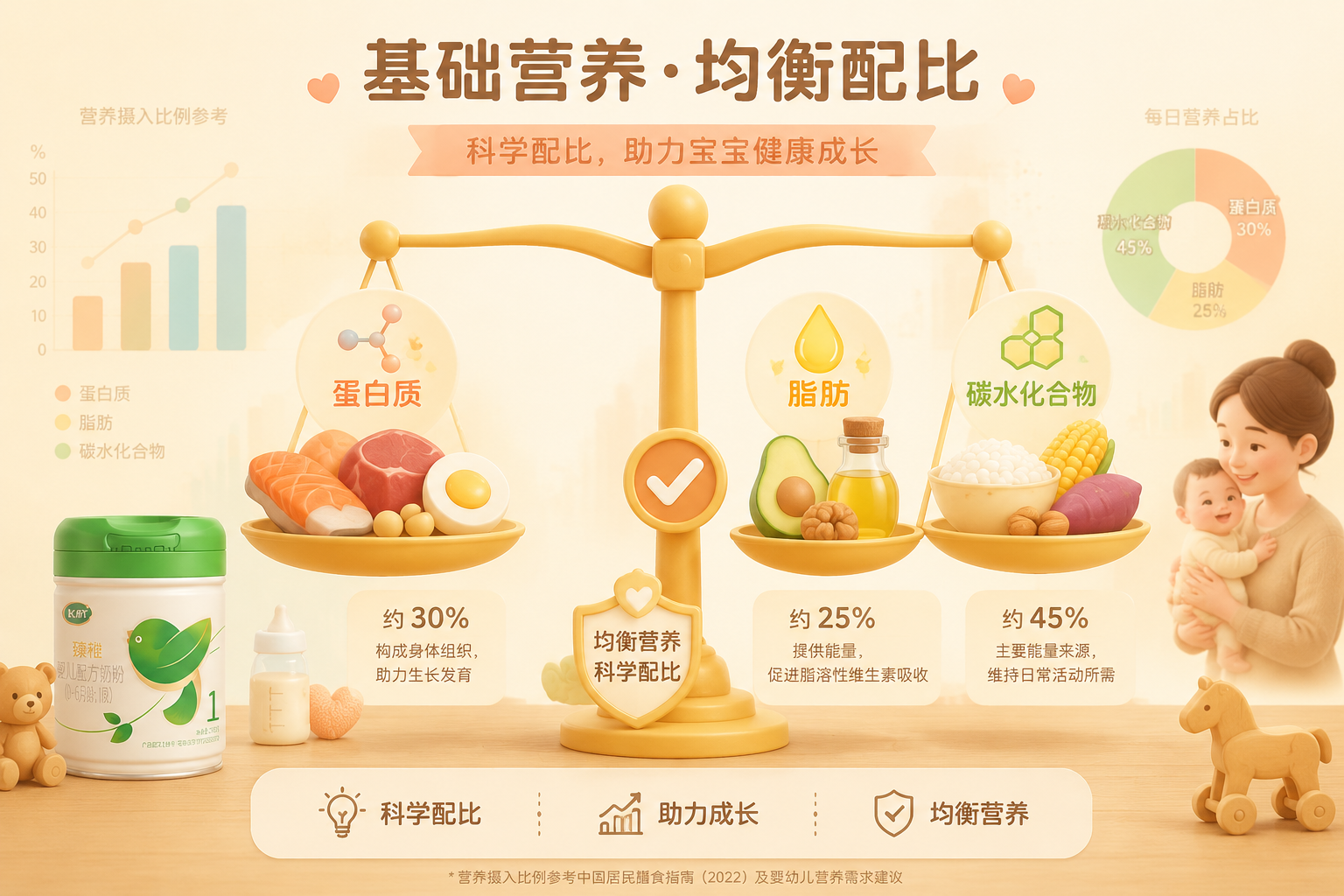 展现基础营养均衡的概念图,画面中有蛋白质、脂肪和碳水化合物的抽象图标,以天平的形式呈现完美的营养配比,色调温馨,适合母婴测评文章的插图风格,带有数据图表元素的背景。