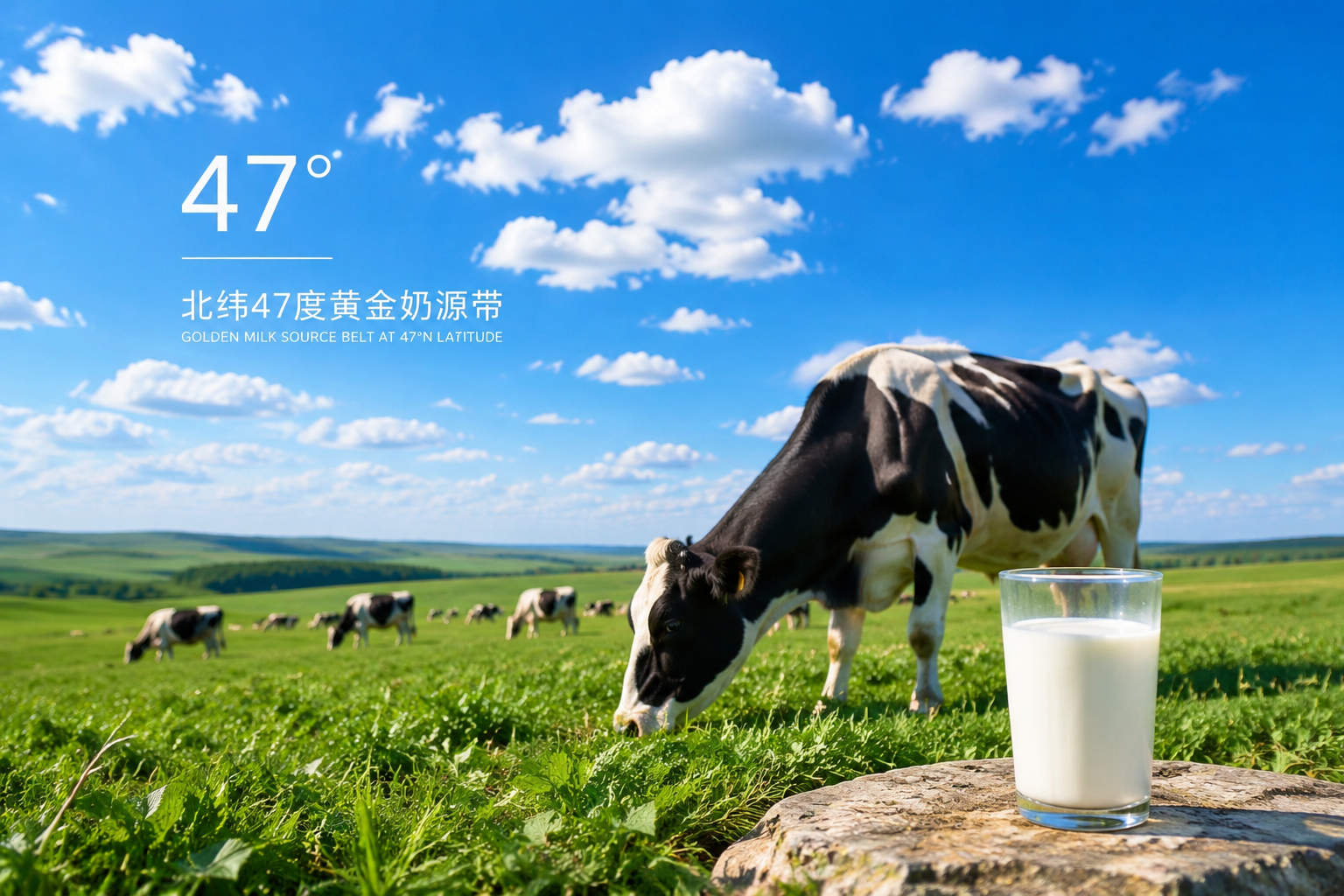 广阔美丽的中国北方大草原,北纬47度黄金奶源带,蓝天白云,健康的奶牛在吃草,旁边有一杯纯净的鲜牛奶,自然风光,清新明亮,摄影级画质。