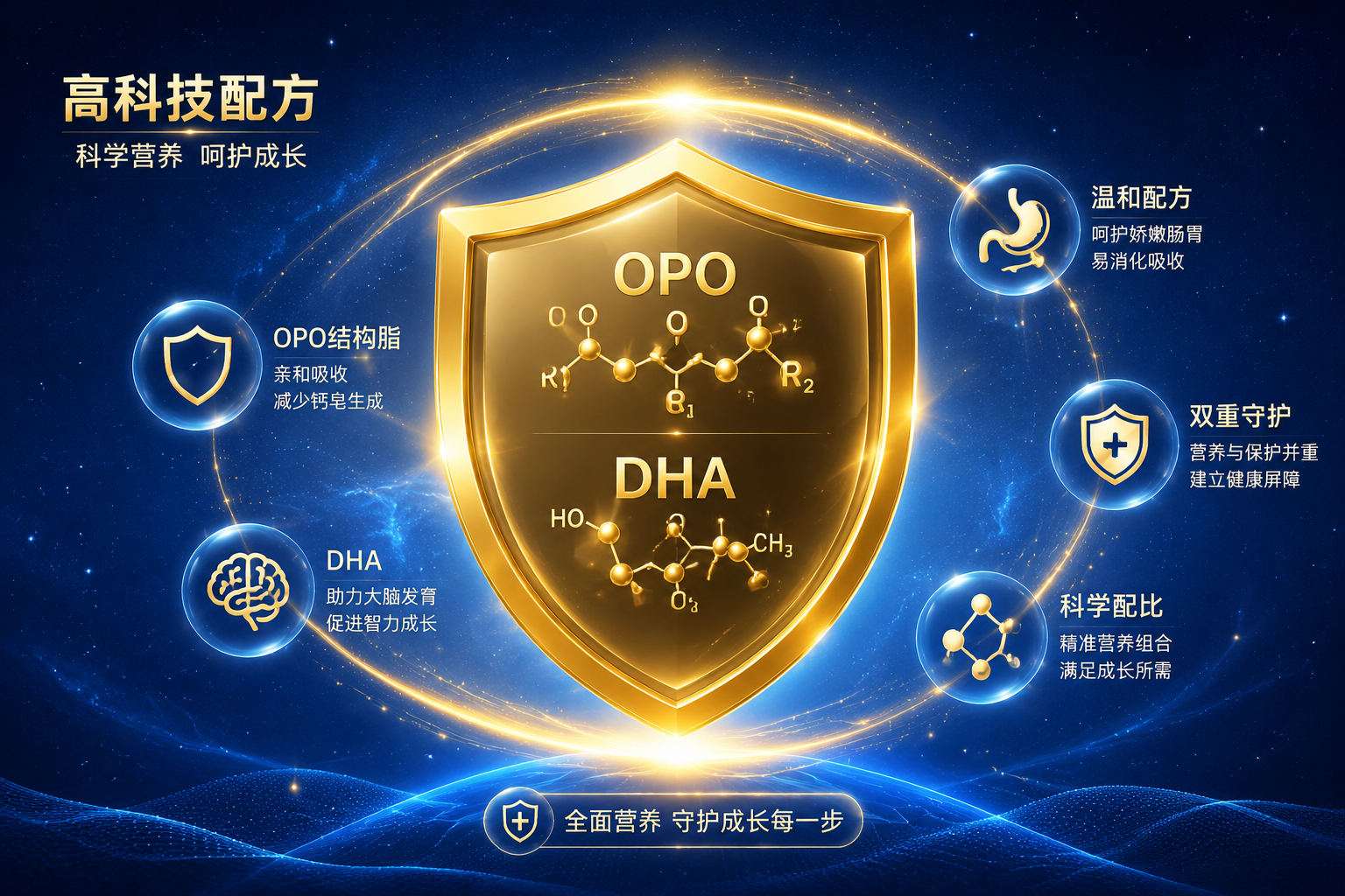 高科技配方概念图,金色的盾牌中心有着OPO和DHA的分子结构,周围环绕着柔和的光环,背景是深邃的星空蓝色,强调配方的独特性和保护力。
