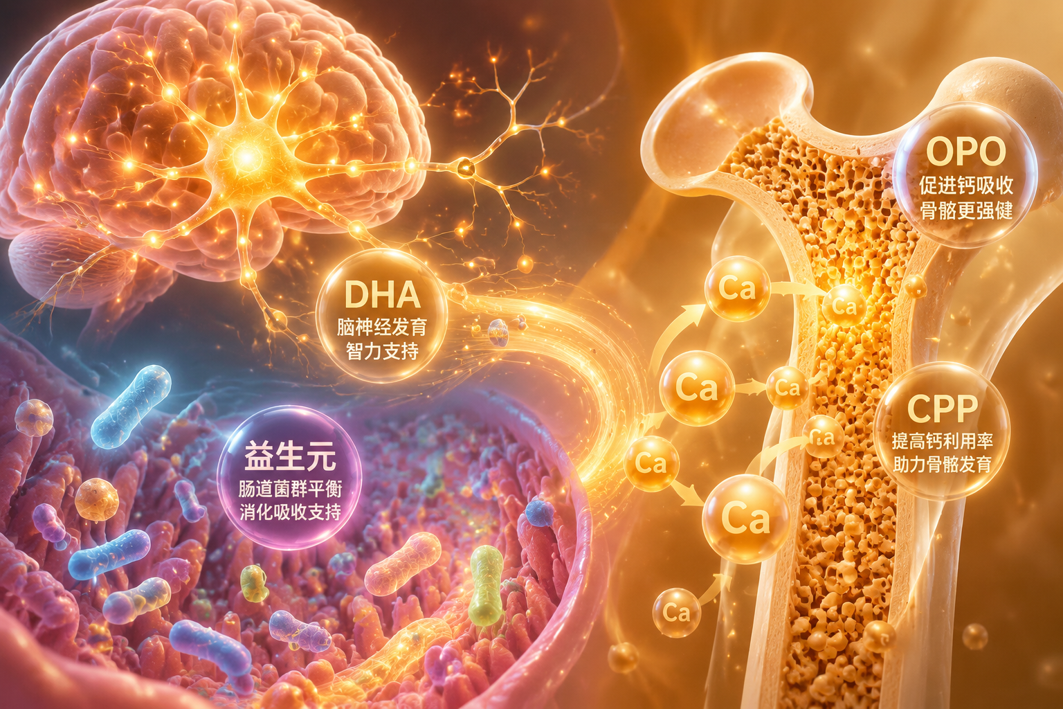3D微观概念图,展现大脑神经元发光连接(代表DHA)、肠道益生菌群活跃(代表益生元)以及骨骼钙质吸收(代表OPO和CPP)的抽象画面,科技感与生命力结合,暖色调。