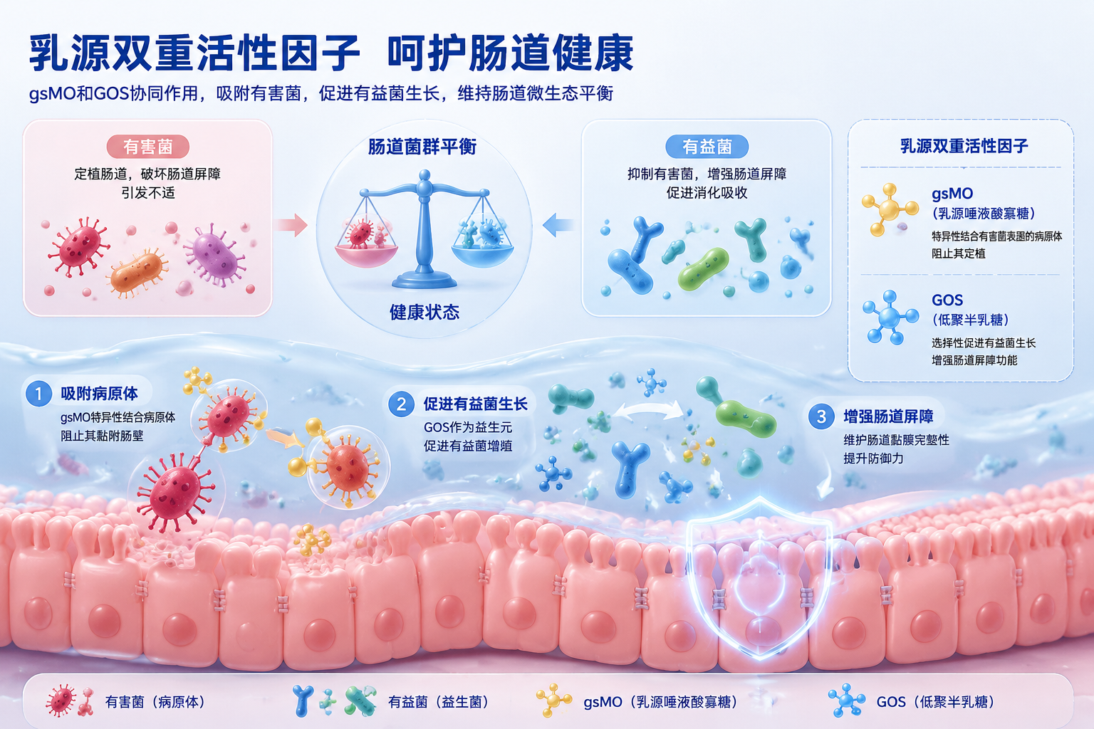 科学图解风格,展示肠道内的益生菌与有害菌的平衡,以及乳源双重活性因子(gsMO和GOS)在肠道中吸附病原体、保护肠道健康的微观作用机制。