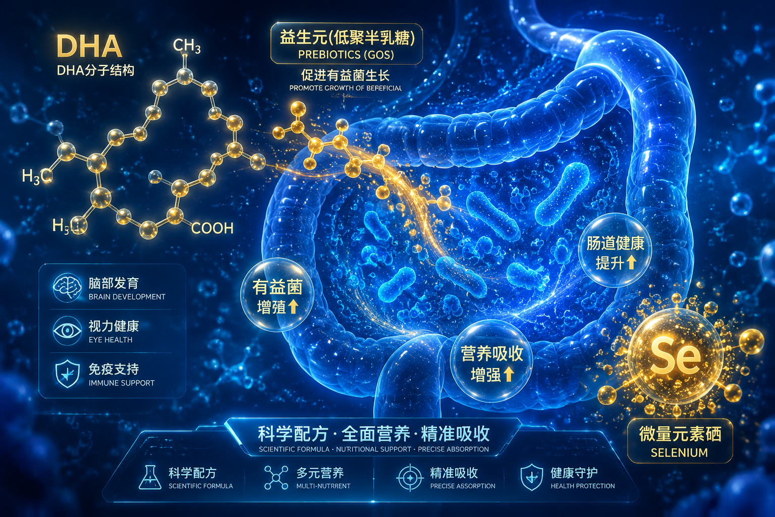 充满科技感的微观世界,展示DHA分子结构、益生元(低聚半乳糖)在肠道中促进有益菌生长的发光动画效果,以及微量元素硒的闪耀颗粒,色彩以蓝色和金色为主,体现科学配方和营养吸收,科幻医疗插画风格。