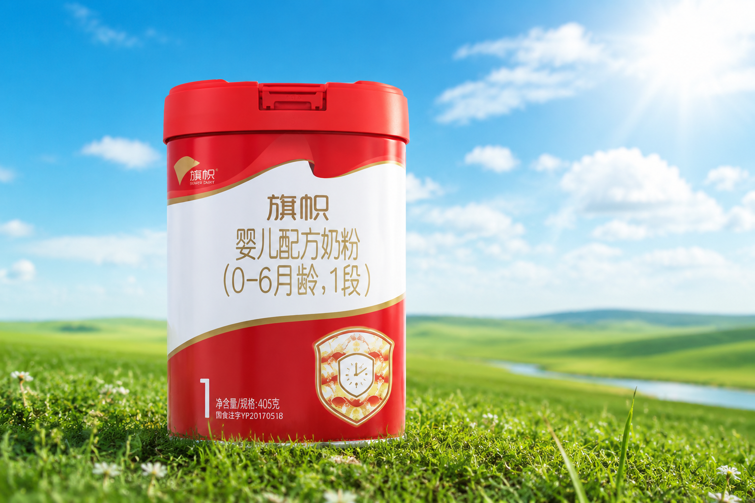 真实的奶粉罐产品图,放置在绿色的坝上草原背景中,蓝天白云,阳光明媚,画面清晰,专业摄影,高分辨率,体现高端品质。
