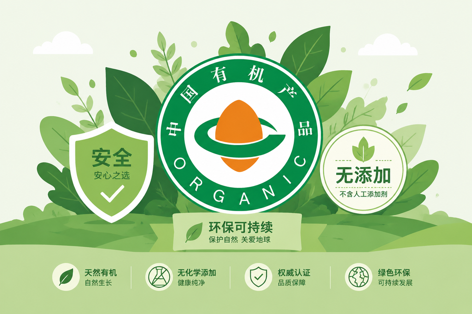 绿色有机的概念插画,包含树叶、盾牌和认证印章元素,象征着安全、无添加和环保,扁平化设计风格。