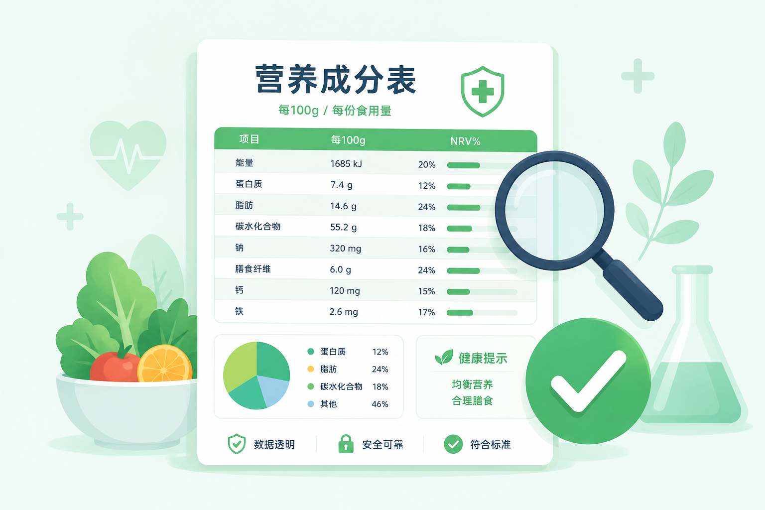一张设计精美的营养成分数据报表,旁边有放大镜和绿色的对勾,象征着数据的透明、安全与达标,扁平化设计风格,色彩清新,医疗健康主题。