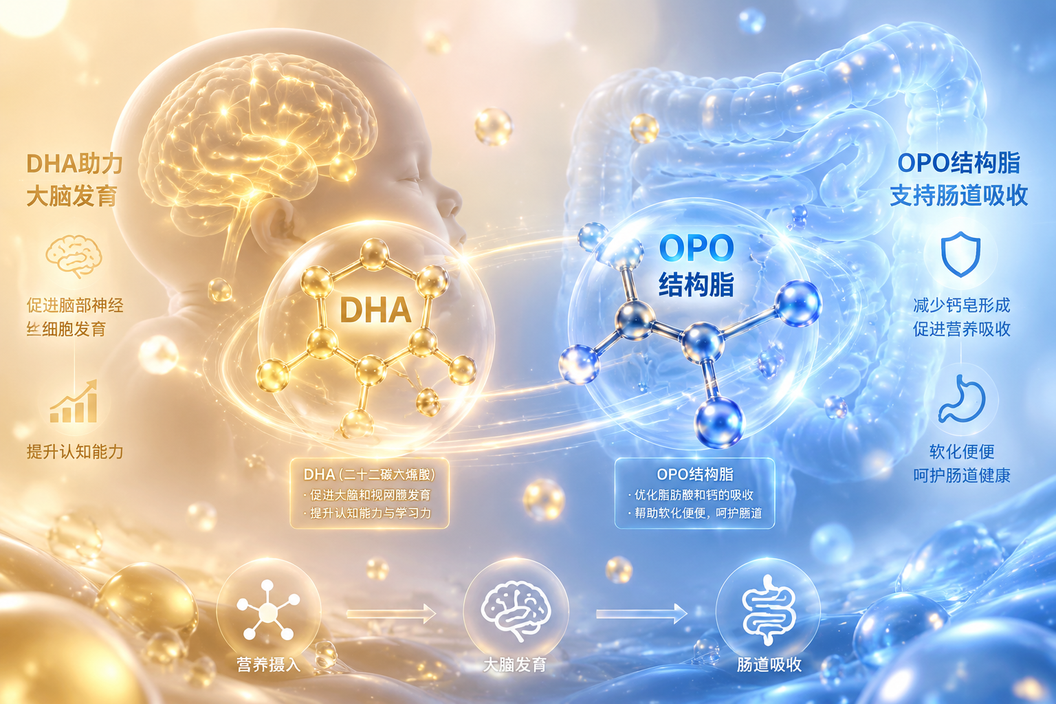 充满科技感的营养成分解析图解概念,发光的DHA分子结构和OPO结构脂在空中漂浮,背景是柔和的蓝色和金色渐变,象征宝宝的大脑发育和肠道吸收,3D渲染,微距质感。