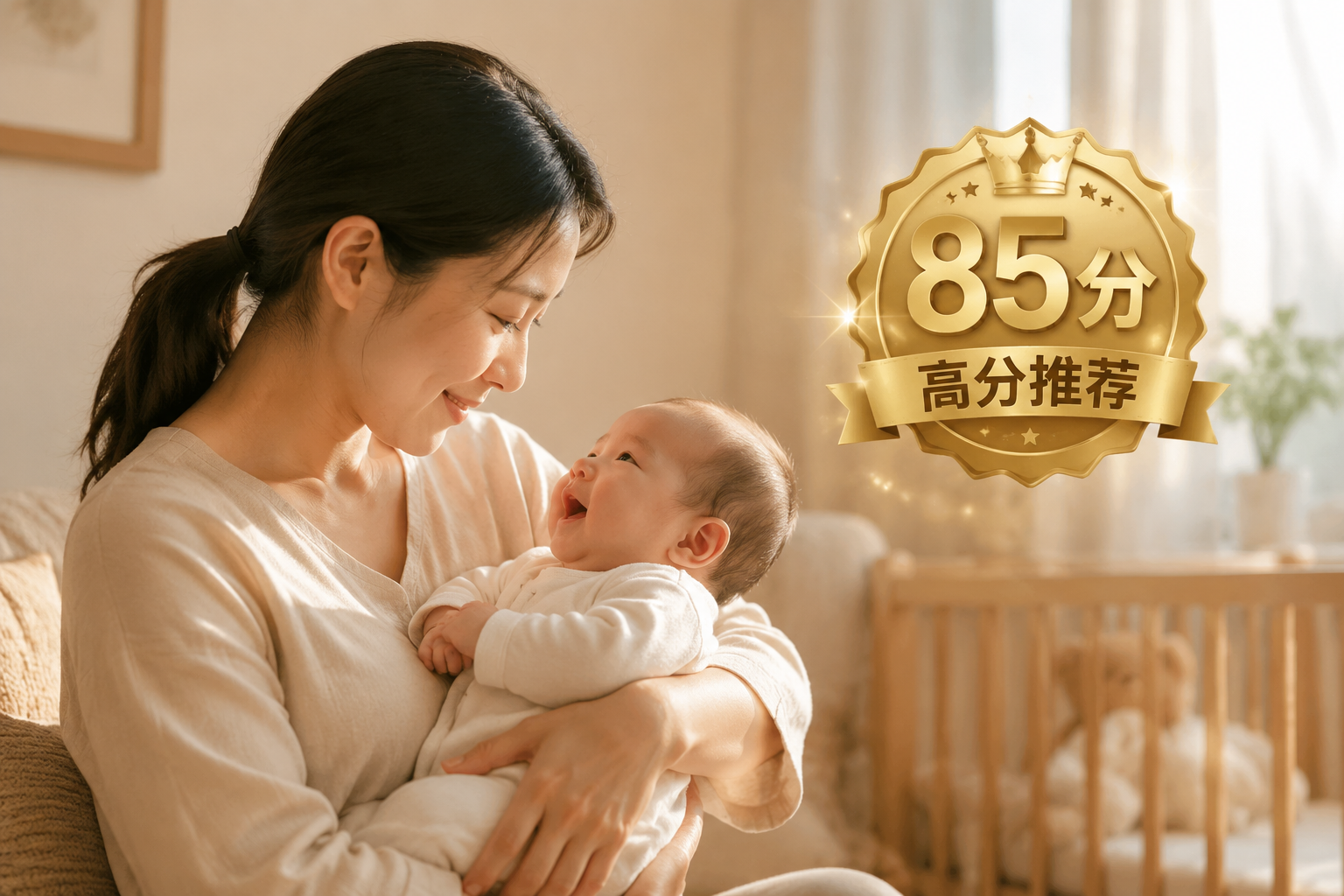一位充满爱心的母亲抱着她健康的新生儿,室内光线柔和温暖,背景中漂浮着一个金色的“85分高分推荐”立体徽章,情感连接,温馨氛围,逼真摄影级。