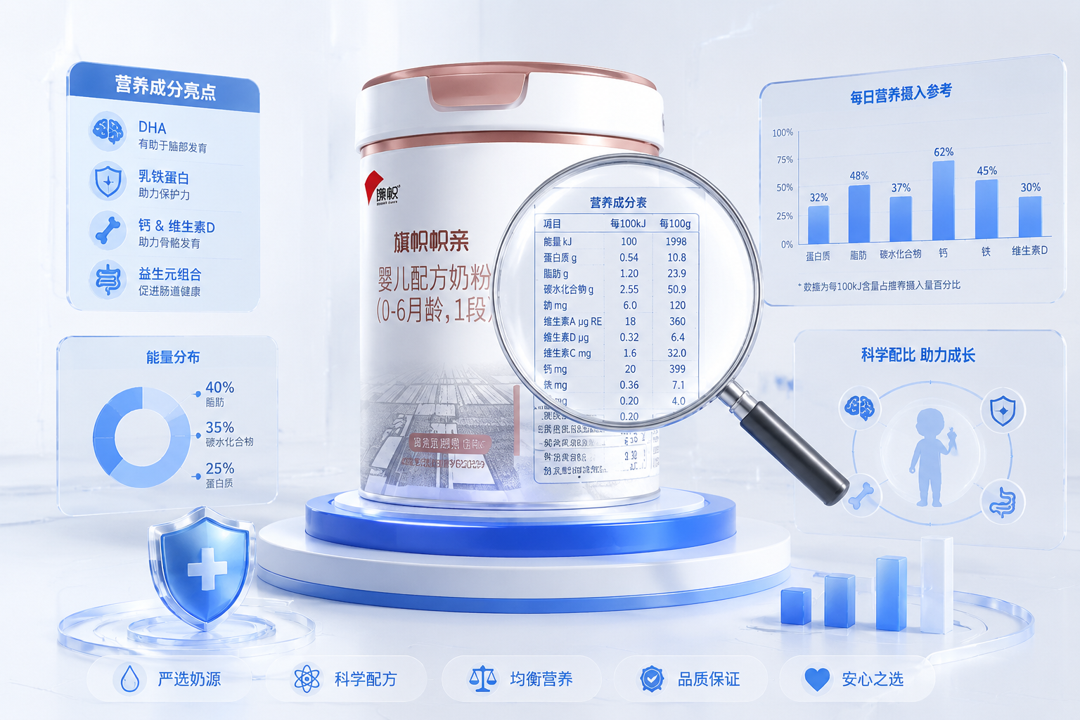 现代风格的营养数据信息图,一个放大镜悬浮在奶粉罐的营养标签上,周围环绕着整齐的数据图表、柱状图和医疗健康图标,干净的白色和蓝色调,3D插画风格。