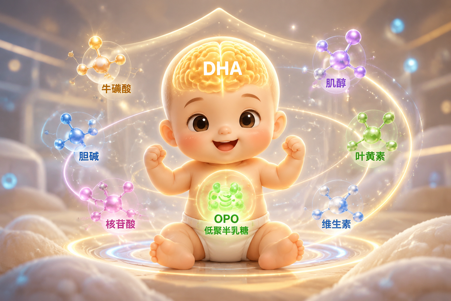 概念化插画,一个可爱的婴儿大脑发光(代表DHA),肚子部位有绿色的益生菌发光图标(代表OPO和低聚半乳糖),周围环绕着各种代表营养的彩色分子结构(牛磺酸、肌醇等),画面温馨且充满科技感,3D渲染风格。