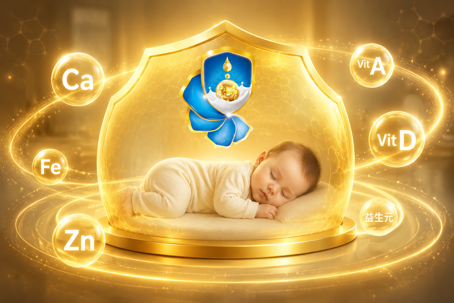 一个金色的保护罩笼罩着一个熟睡的婴儿,保护罩外围环绕着发光的维生素和矿物质化学符号(如Ca, Fe, Zn, Vit A, Vit D),温馨、安全、科技感结合的3D画面。