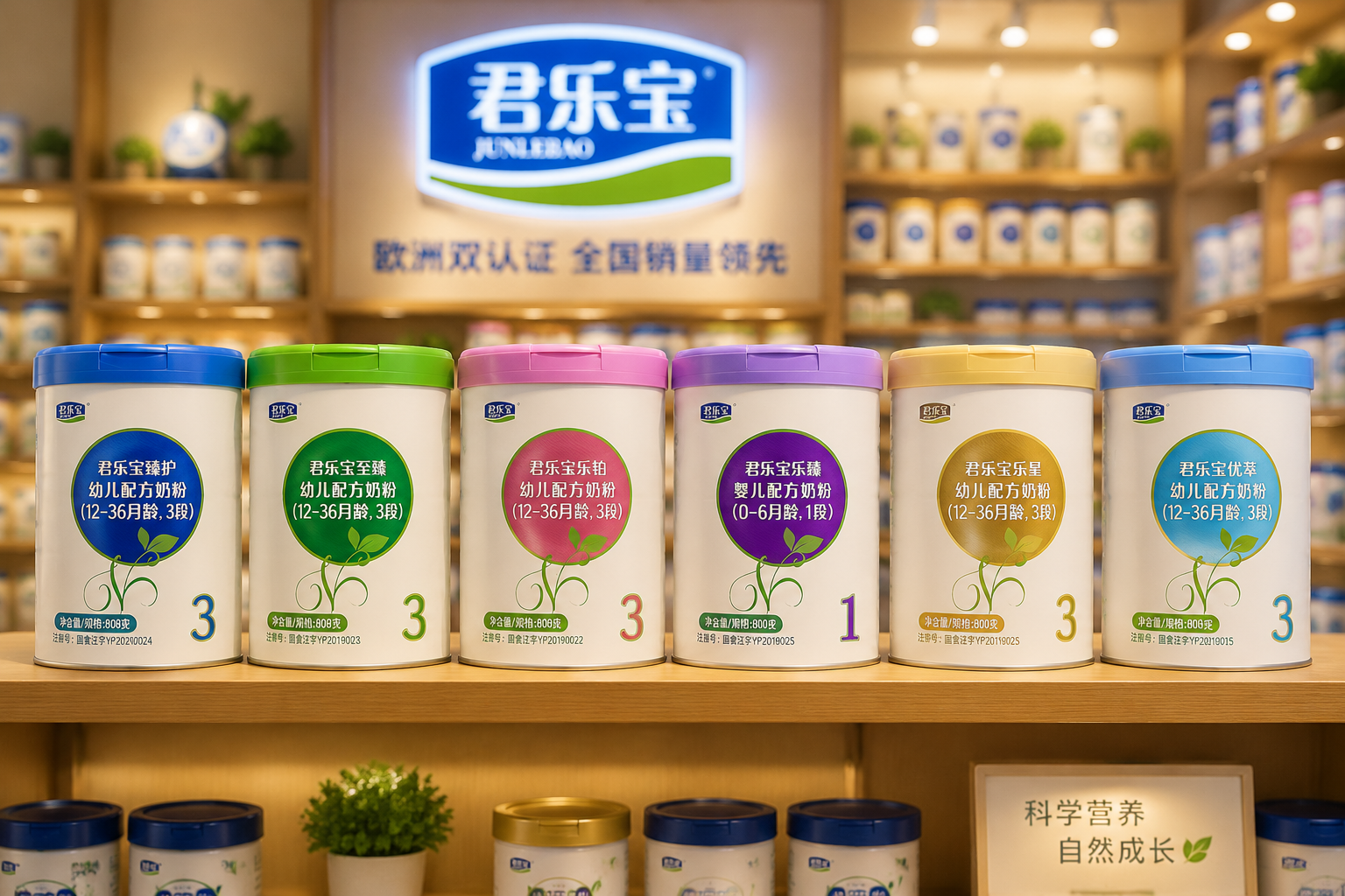 货架陈列概念图,几罐不同包装颜色的君乐宝奶粉整齐排列在木质货架上,背景虚化,灯光温馨,展现品牌丰富的产品线。