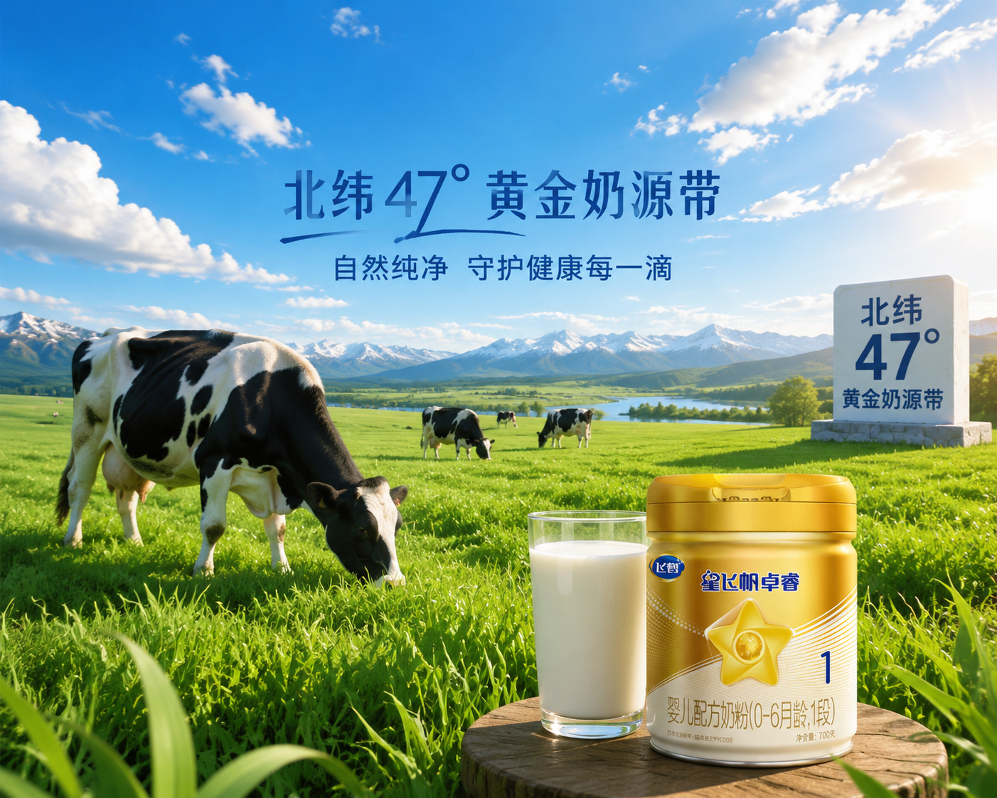广阔的绿色草原,蓝天白云下有健康的黑白花奶牛在吃草,画面远处有北纬47度的地理坐标标识,旁边有一杯纯净的鲜牛奶,展现黄金奶源带的自然与纯净。
