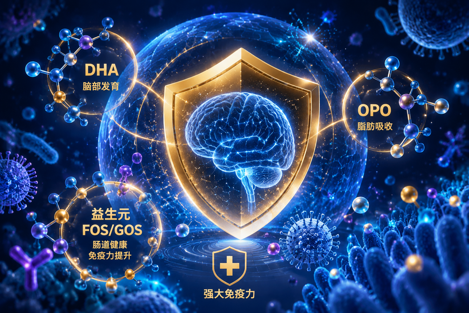 3D微观视角的科学概念图,画面中心是一个发光的金色盾牌和大脑轮廓,周围环绕着代表DHA、OPO、益生元(FOS/GOS)的分子结构,背景为深邃的科技蓝,象征着强大的免疫力和脑部发育。