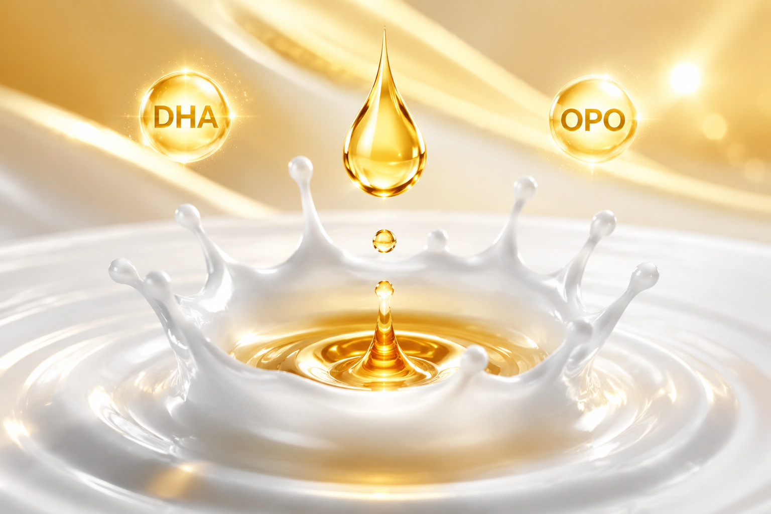 一滴金黄色的营养油(代表DHA和OPO)滴入纯净的白色牛奶中,激起完美的皇冠状水花,光影奢华,超高清晰度,表现出珍贵营养成分的质感。