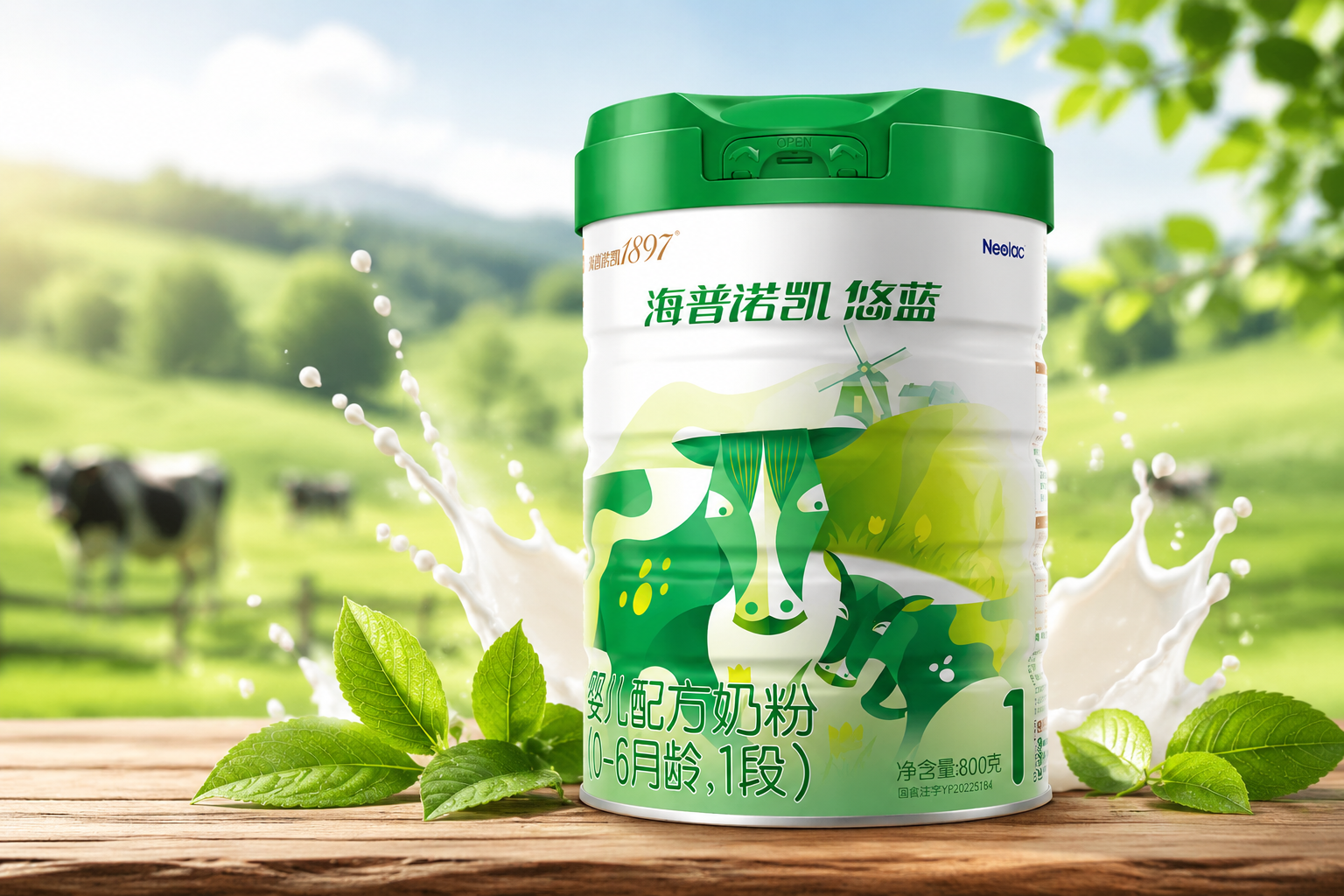 一罐海普诺凯1897悠蓝有机奶粉放在充满阳光的木质桌面上,背景是模糊的绿色有机牧场,旁边点缀着一些新鲜的绿叶和白色的牛奶飞溅效果,整体色调清新、自然、高端,采用微距摄影,光线柔和。